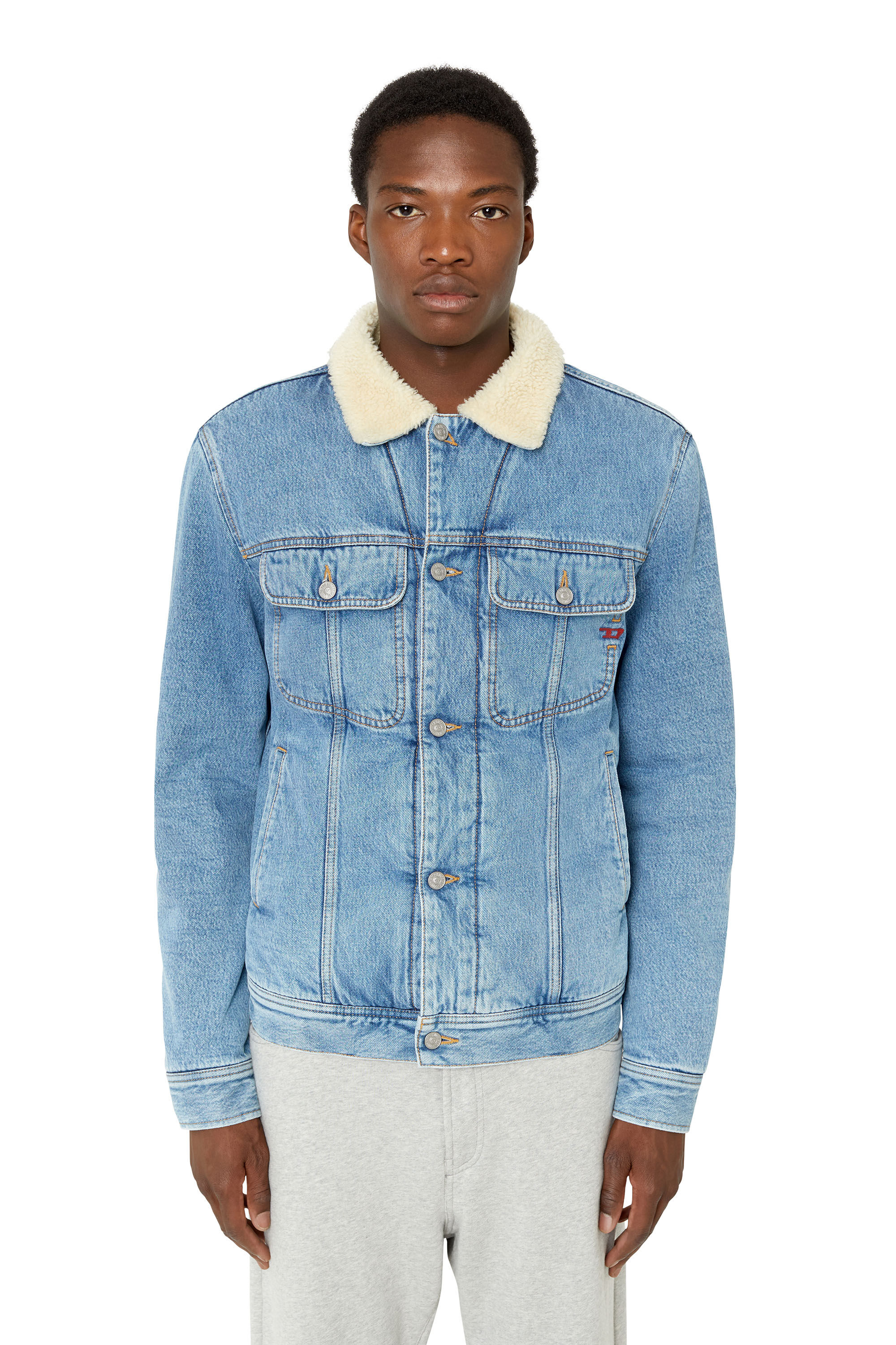 Diesel - D-BARCY-T, Man's Regular-fit teddy-lined trucker jacket in Medium blue - 3