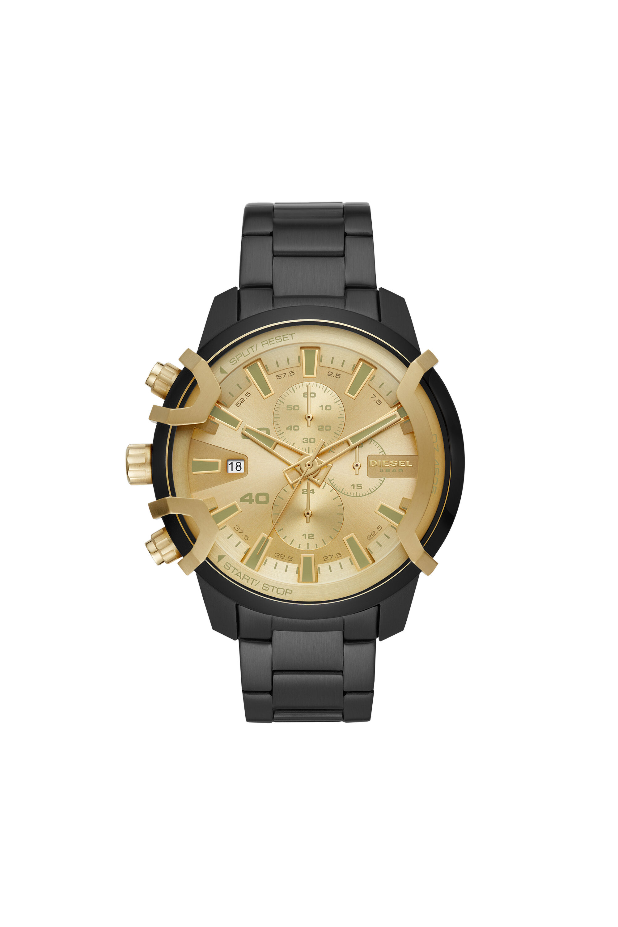Diesel - DZ4525, Male's Griffed Chronograph Black Stainless Steel Watch in Black/Gold - 1