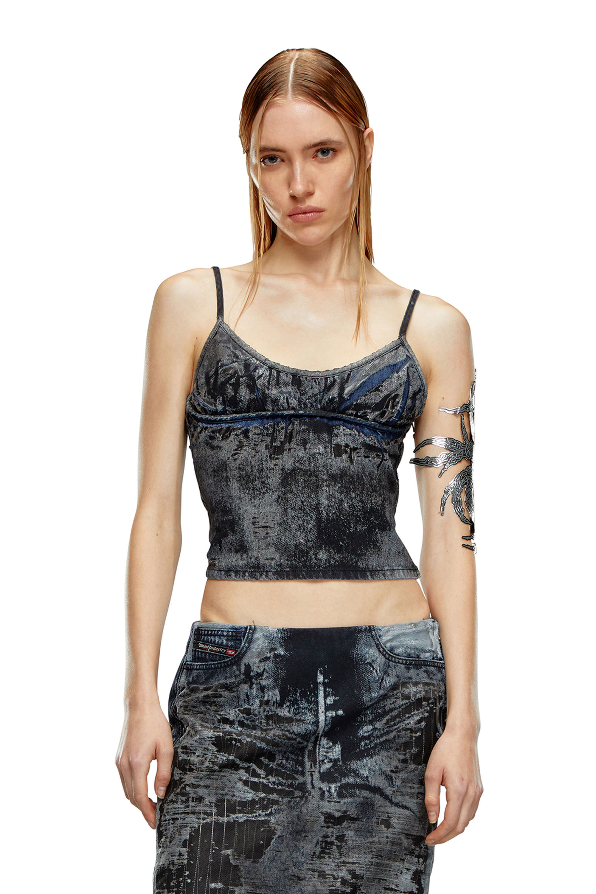 Diesel - DE-VERNI-FSE, Top en denim dévoré à fines rayures Femme in Noir - 3