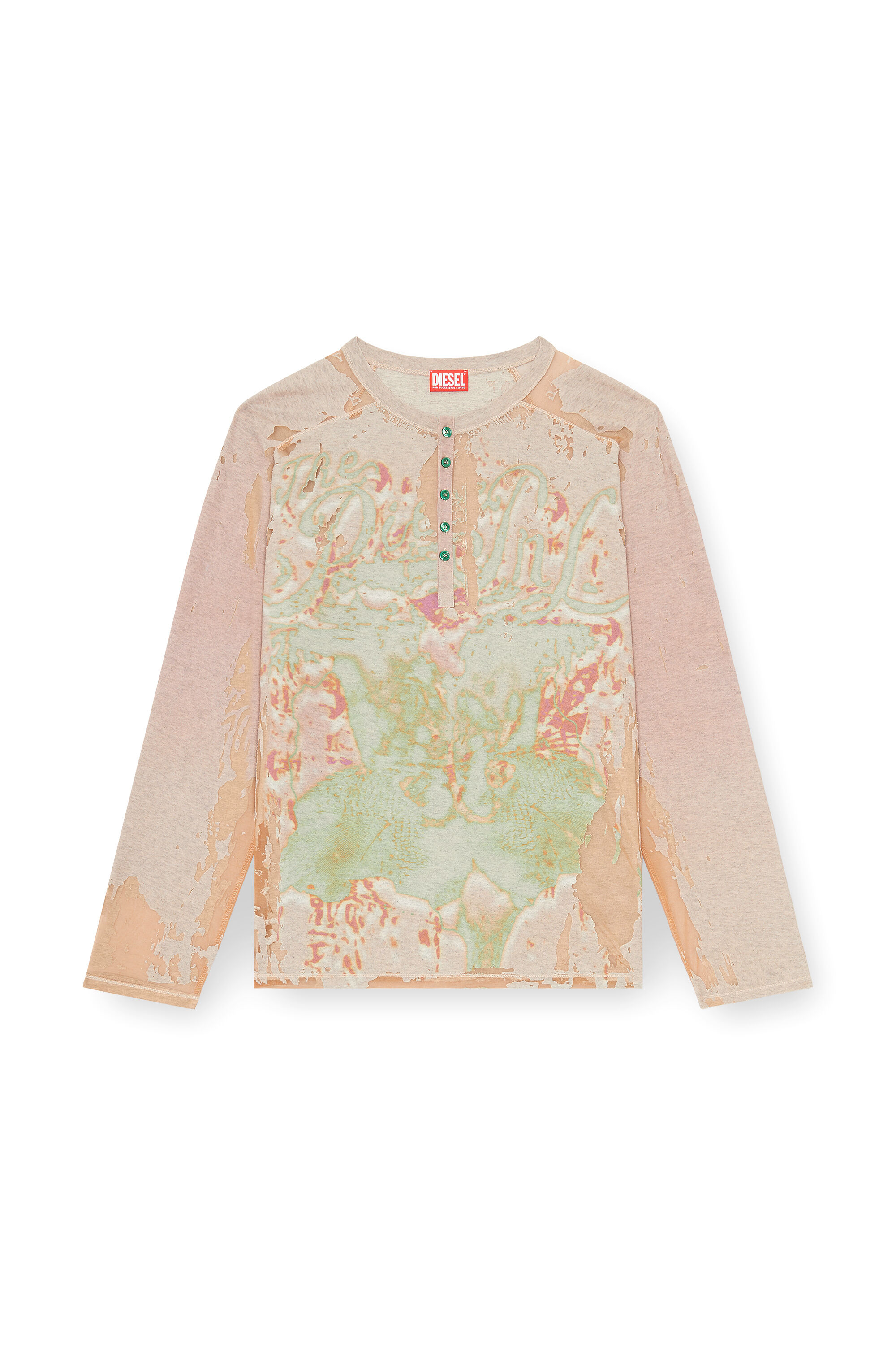 Diesel - T-LIVO-LS, Male's Henley shirt in printed devor&eacute; jersey in Beige - 2