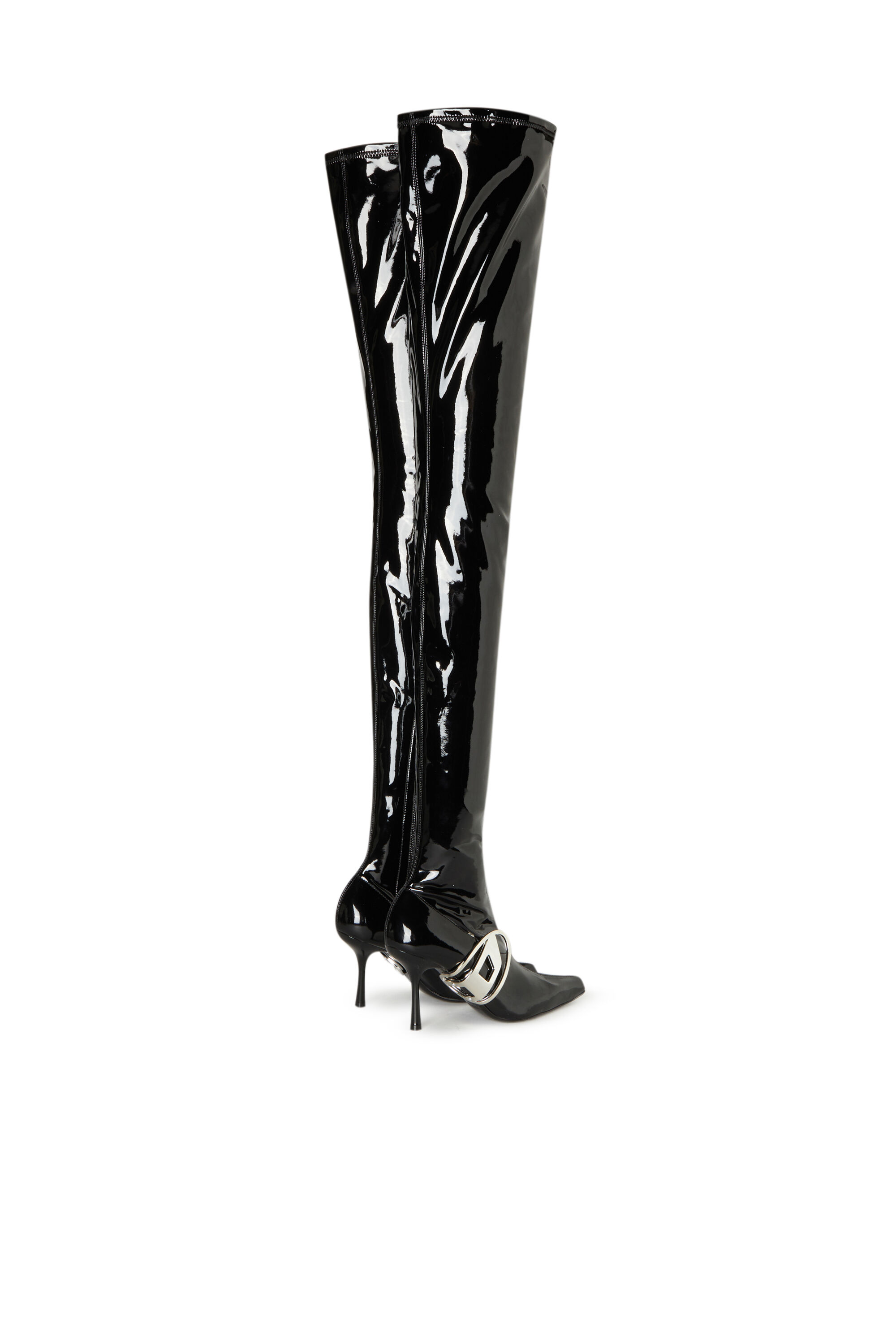 Diesel - D-ECLIPSE TBT, Female's D-Eclipse TBT - Patent thigh-high boots with oval plaque in Black - 3