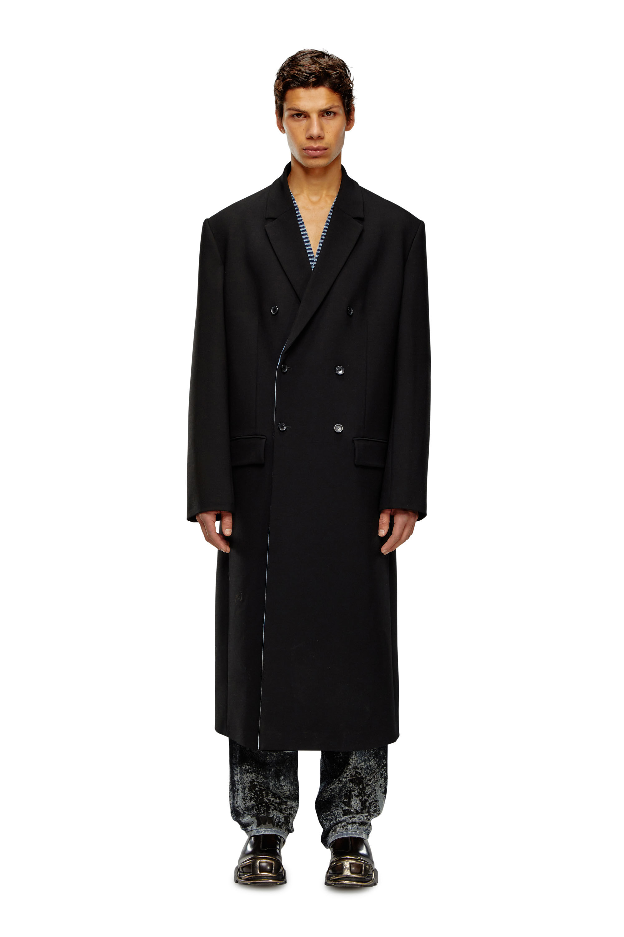 Diesel - J-RITZ, Manteau long en laine fraiche avec détails en denim Homme in Noir - 1