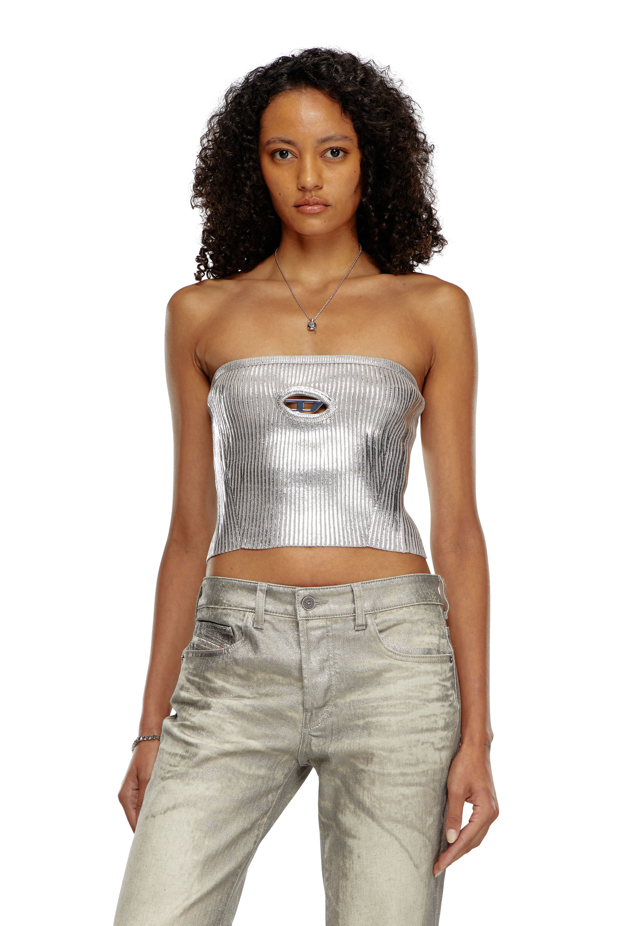 Diesel - M-CLARKSVILLEX-C, Female's Metallic tube top with logo hardware in Grey - 3