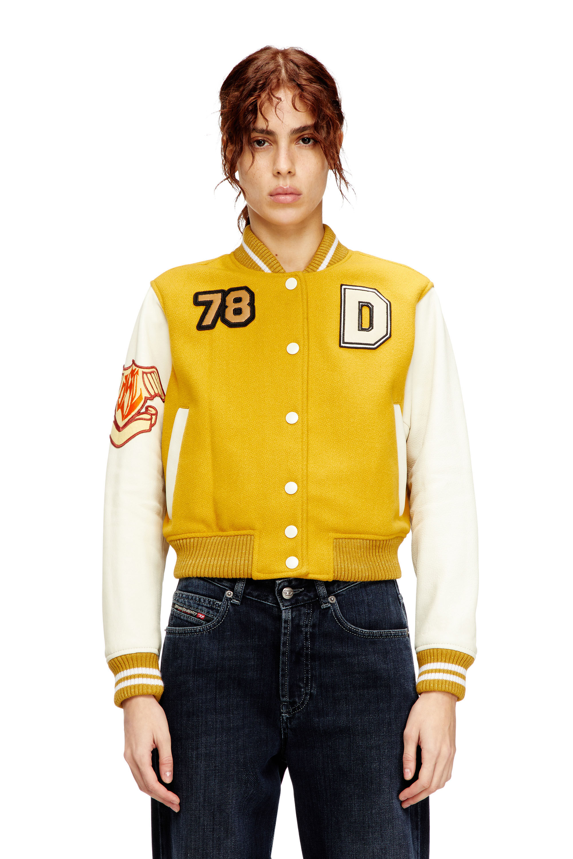 Women's Cropped varsity jacket in wool and leather | Multicolor
