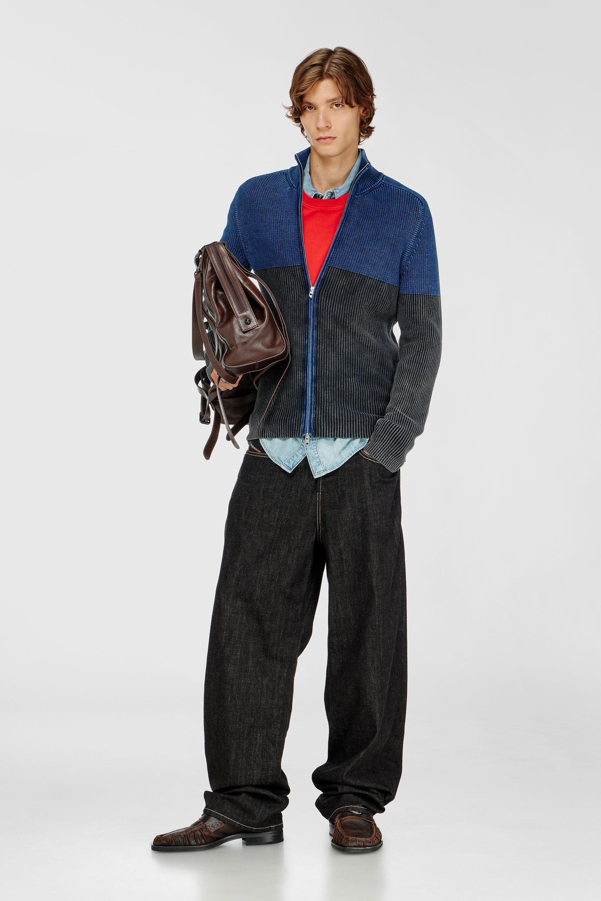 Men's Zip-up cardigan with two-tone denim effect | Multicolor