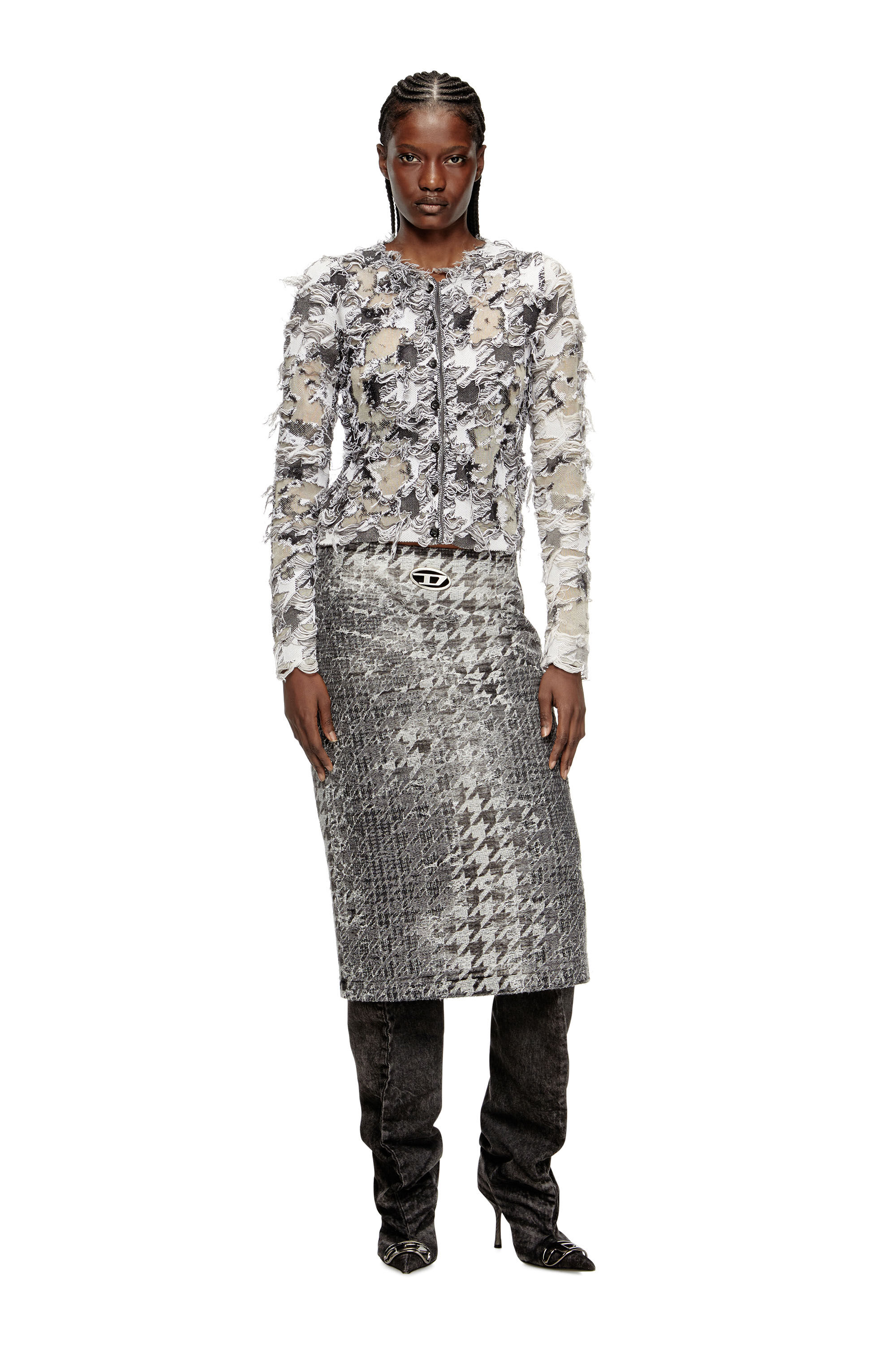 Diesel - M-SIBYLLA, Female's Cardigan in devoré houndstooth jacquard in Grey/White - 1
