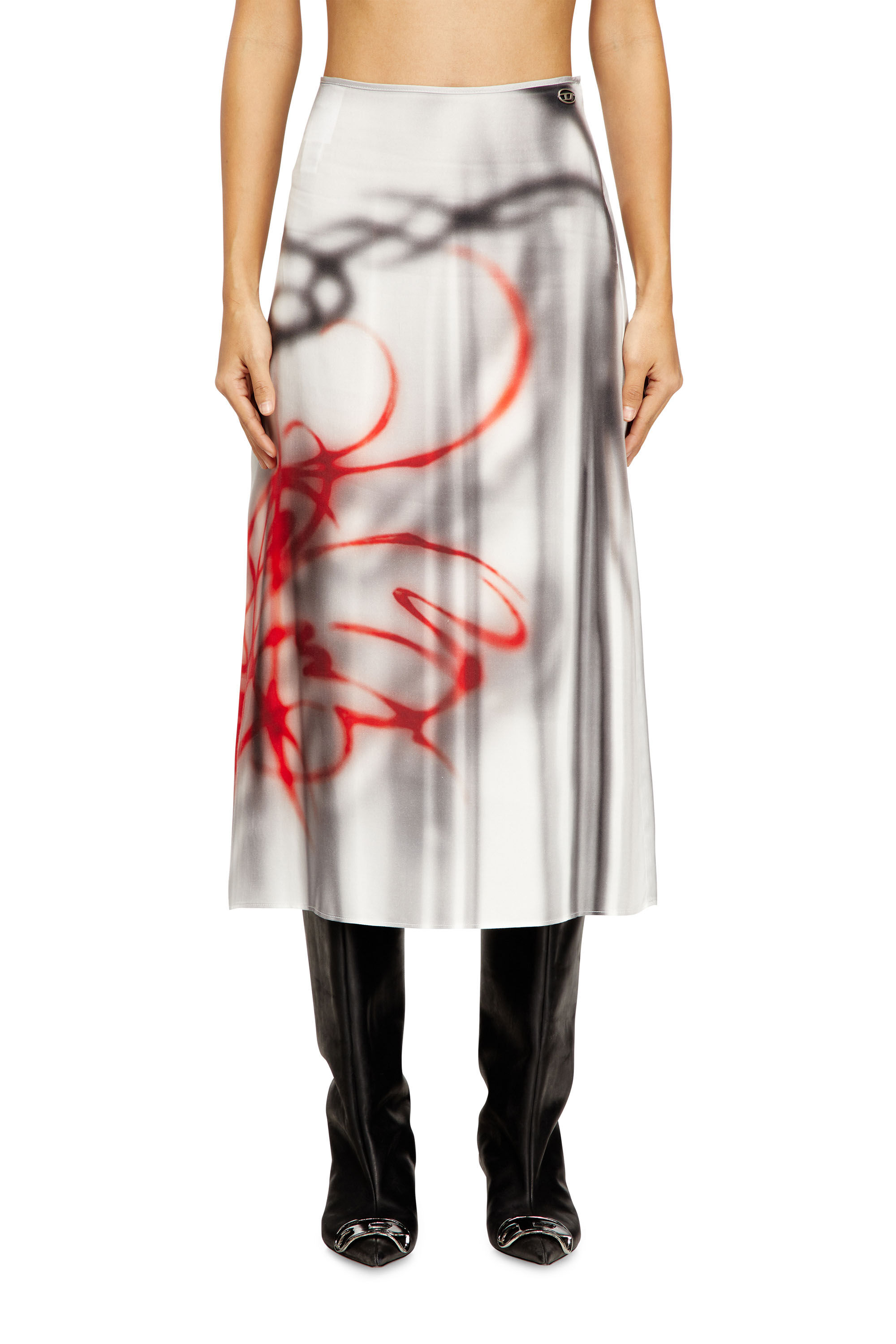 Women's Satin midi skirt with graffiti print | Grey | Diesel
