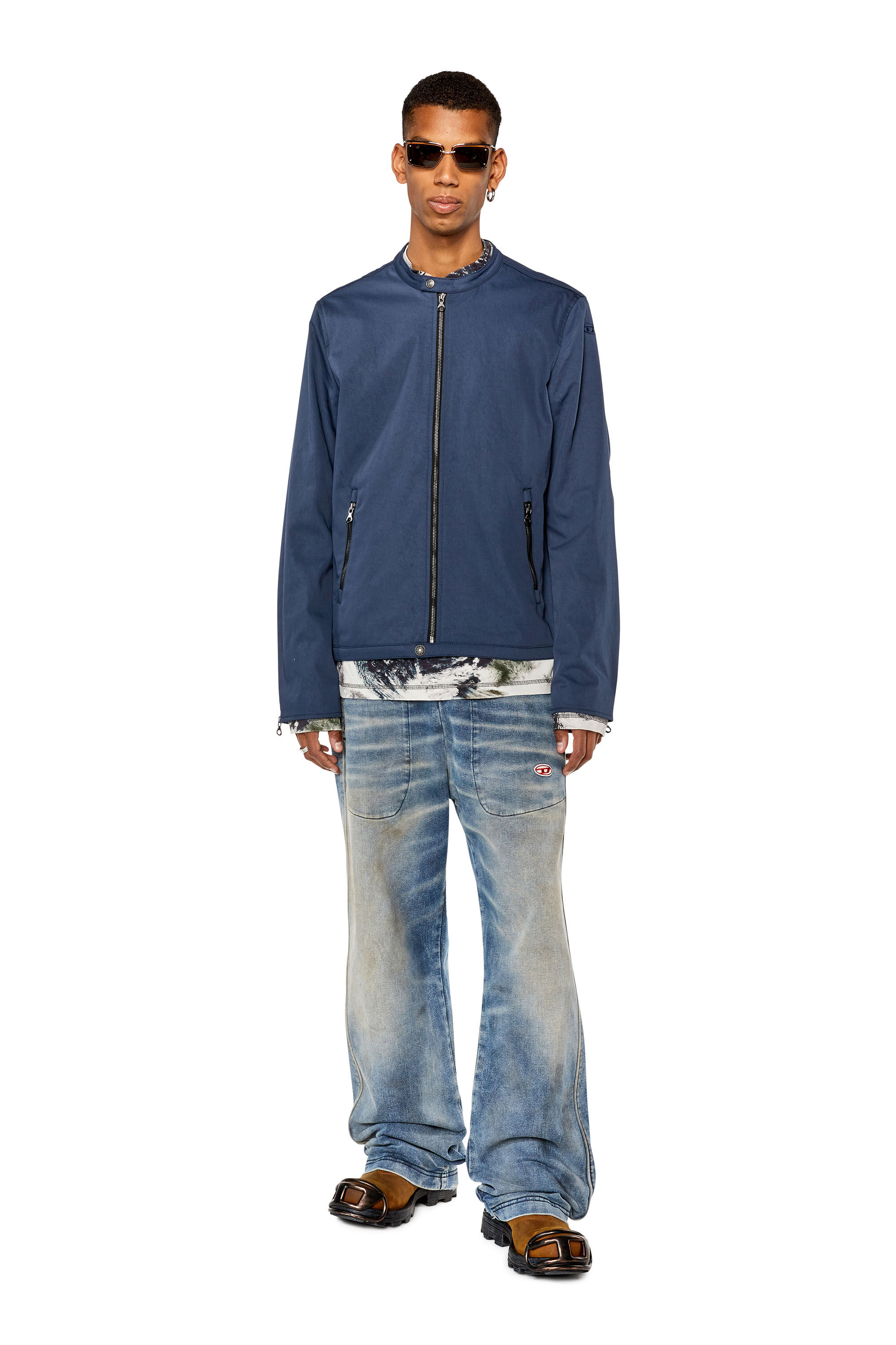 Diesel - J-GLORY-NW, Male's Biker jacket in cotton-touch nylon in Dark Blue - 1