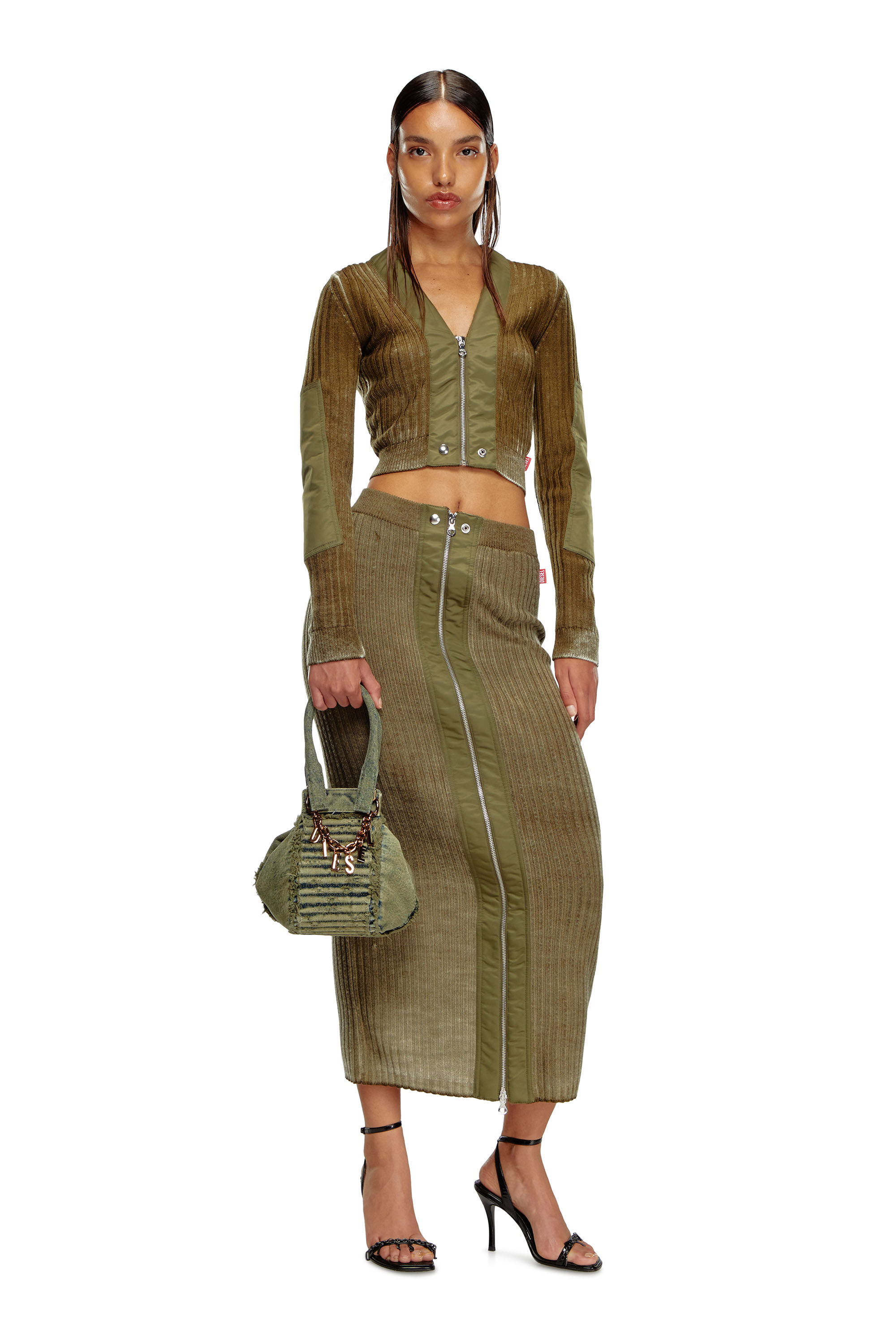 Diesel - M-ASI, Female's Midi skirt in treated wool knit in Military Green - 1
