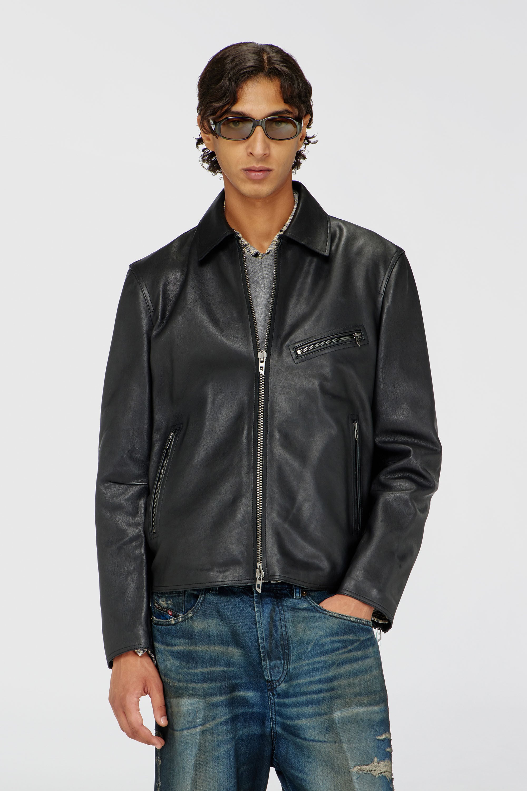 美品124,200円】 DIESEL JACKET レザー Men's Leather jacket with embossed Oval D | Black | Diesel US