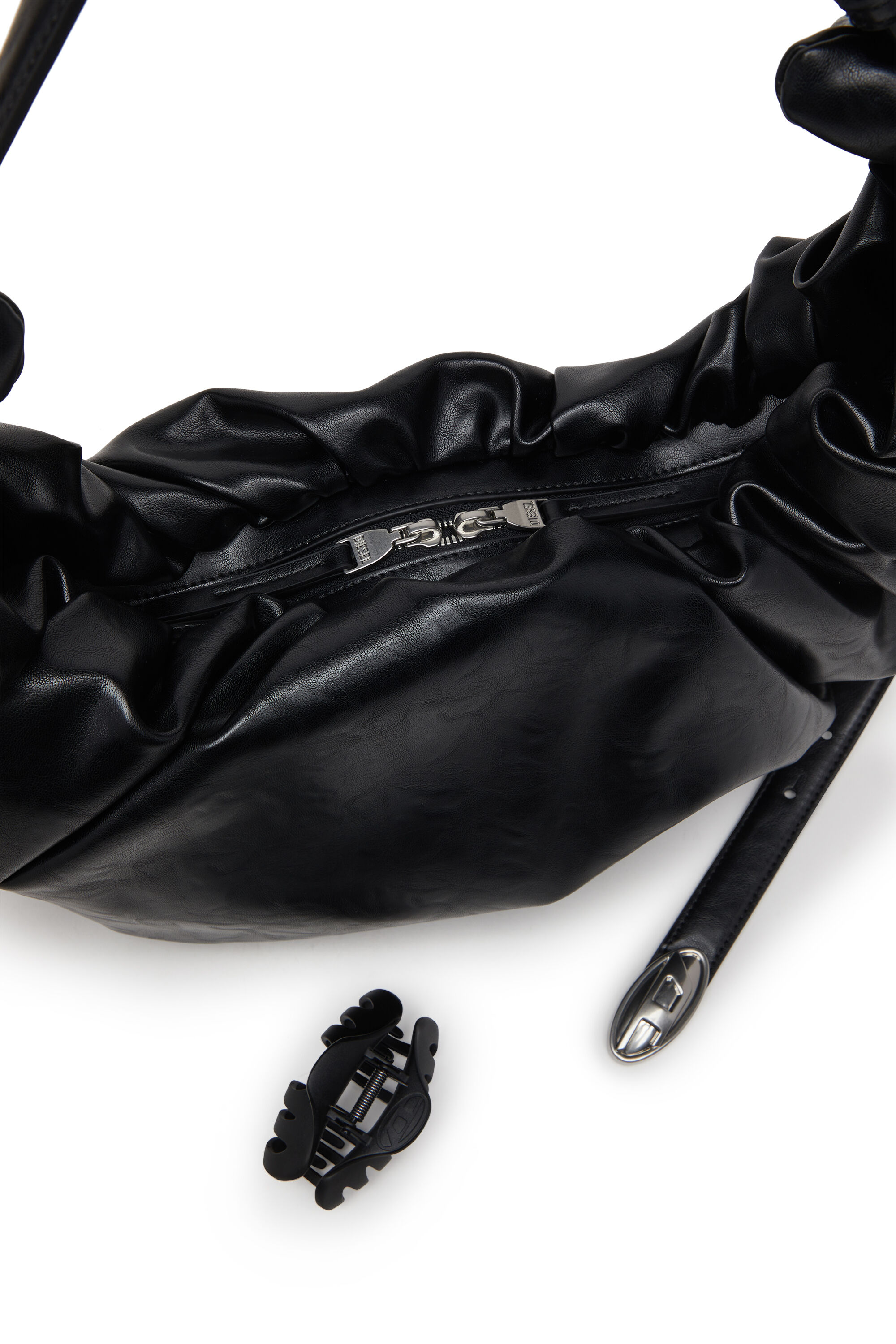 Women's Grab-D L-Large scrunched hobo bag in shiny PU | Black | Diesel