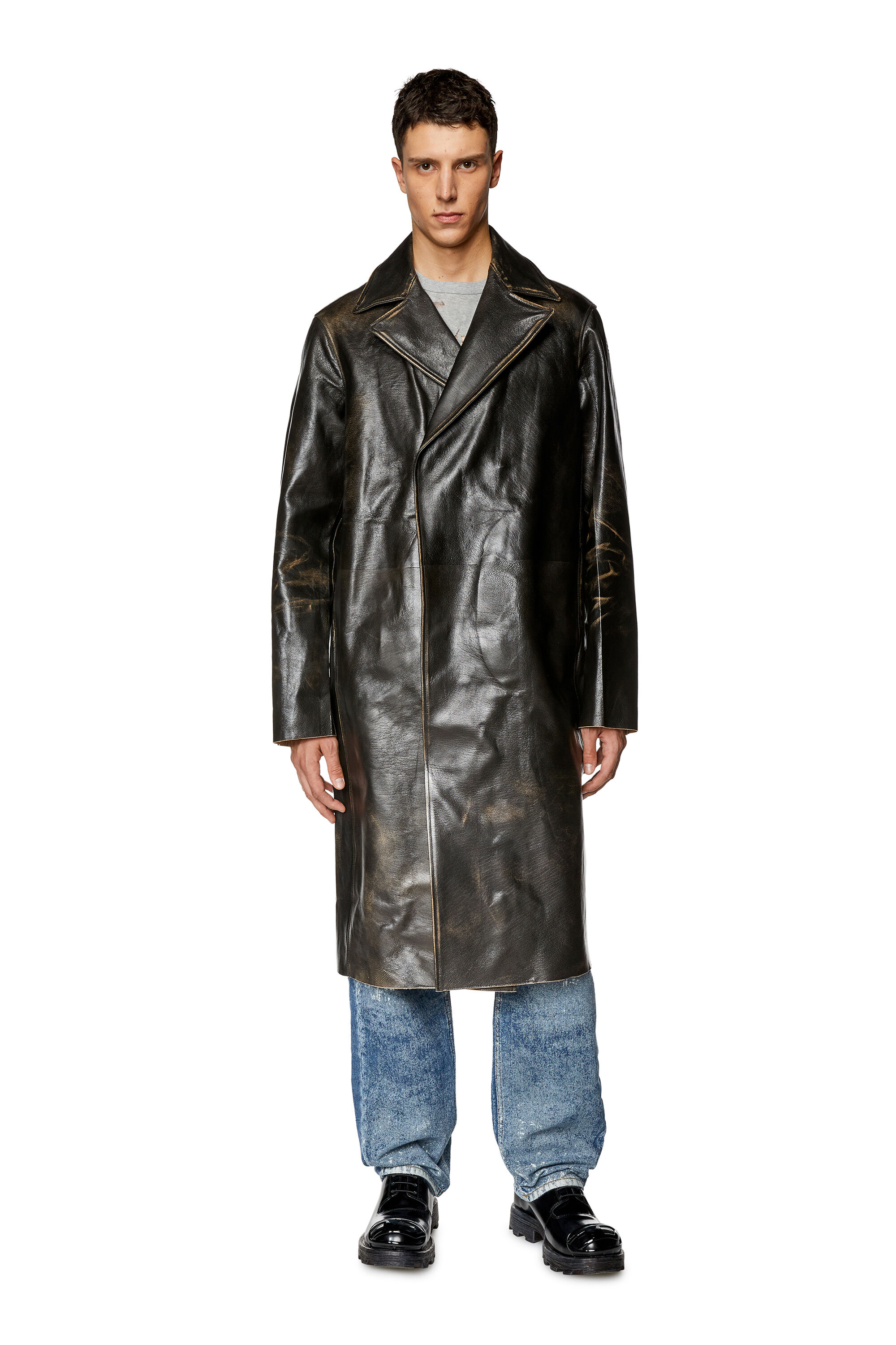 Diesel - L-KAUFFMAN, Trench-coat en cuir effet vieilli Homme in Marron - 1