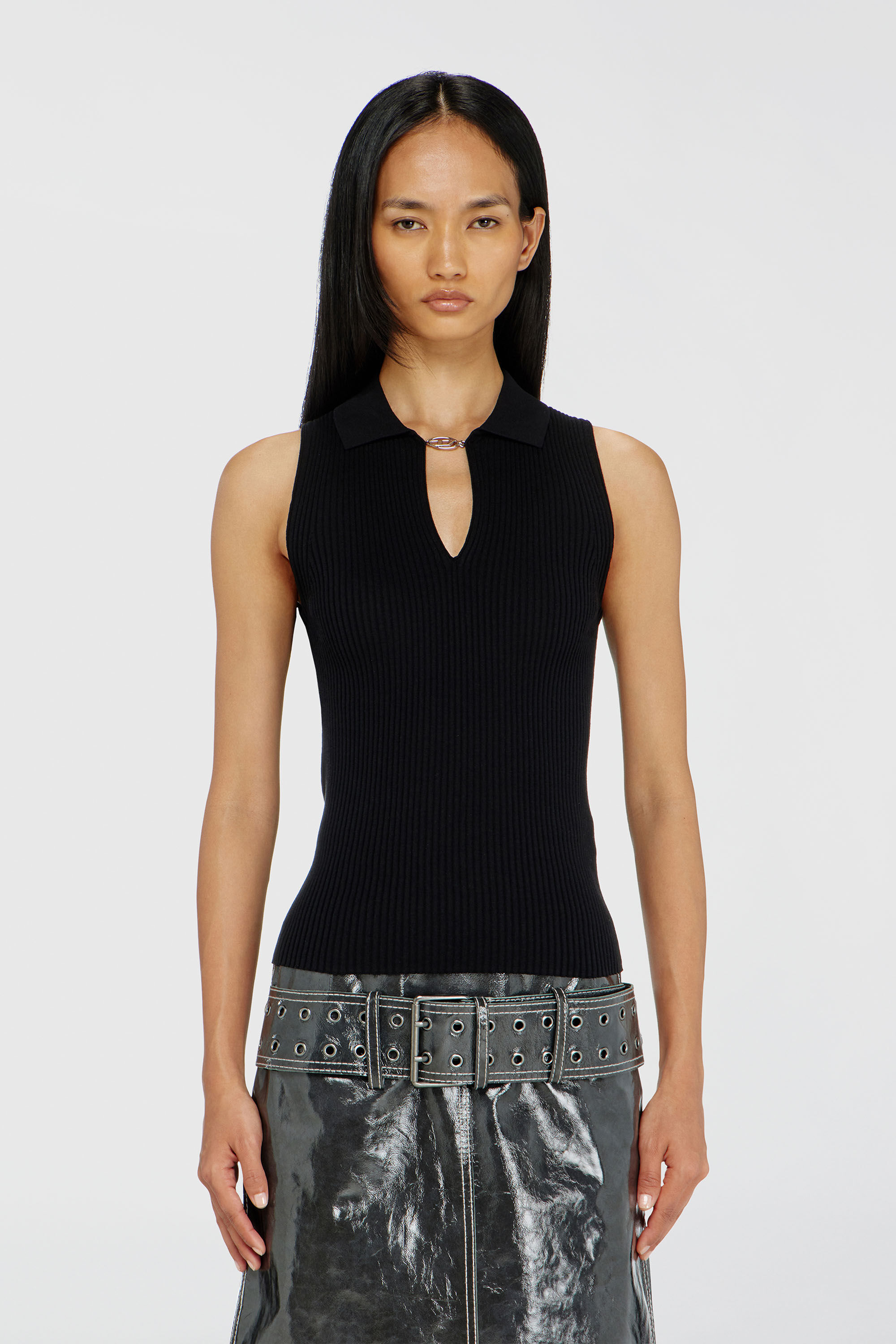 Diesel - M-LILITA, Female's Sleeveless rib-knit polo top in silk blend in Black - 6
