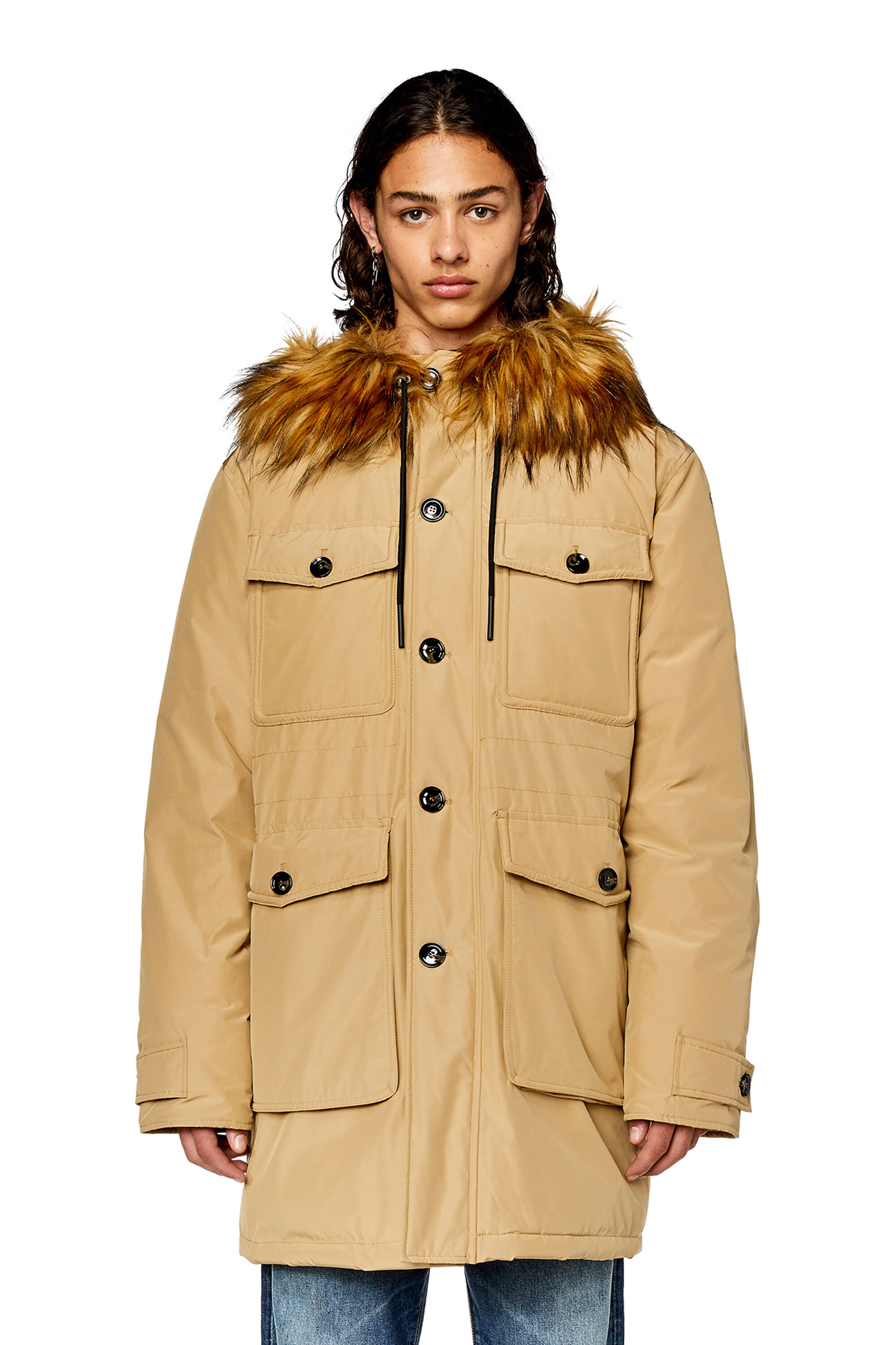 Diesel - W-JORGY, Parka matelassée avec bordure pelucheuse sur la capuche Homme in Marron - 4