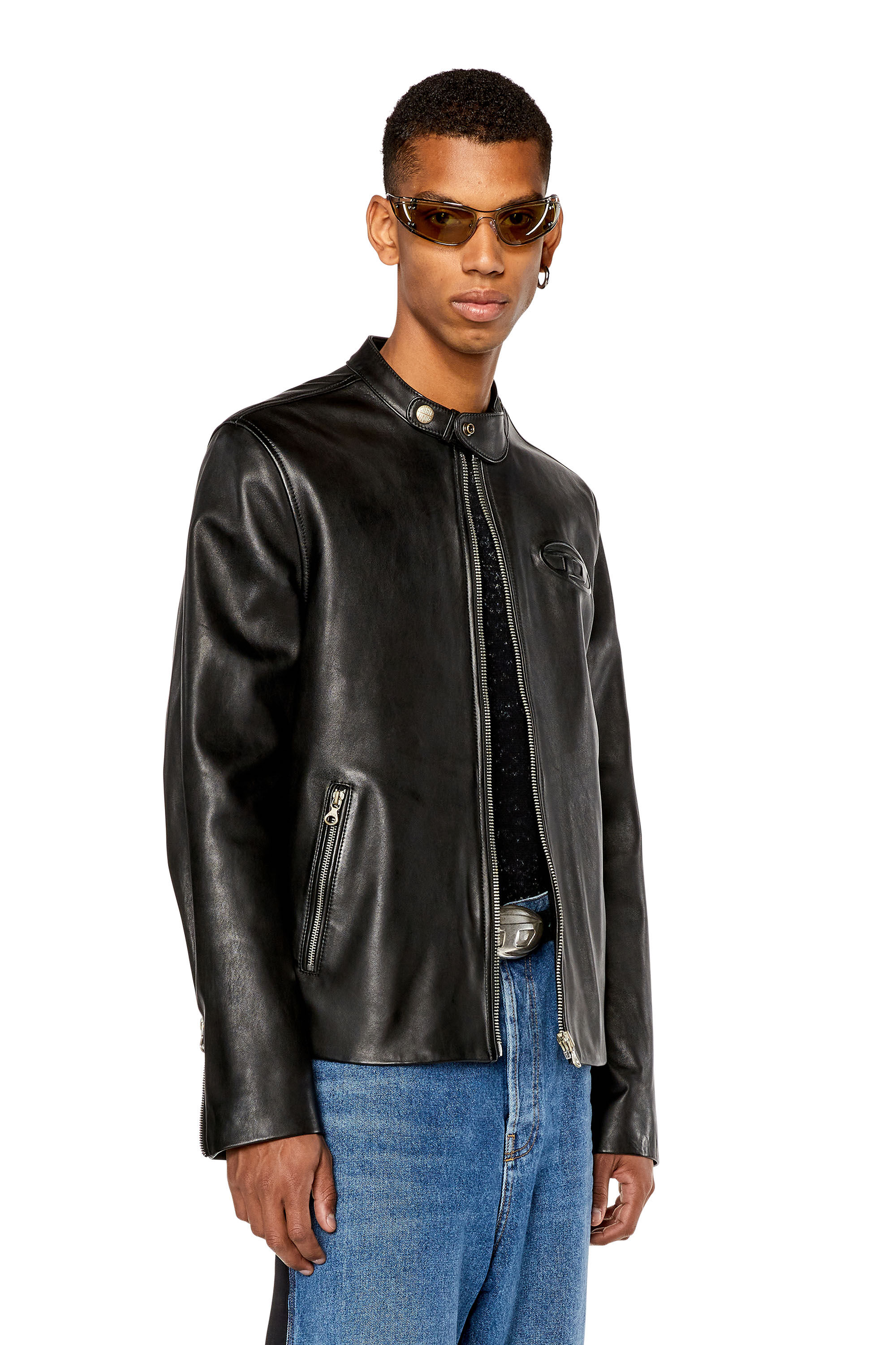 Diesel - L-METALO, Male's Leather biker jacket with distressed logo in Black - 3