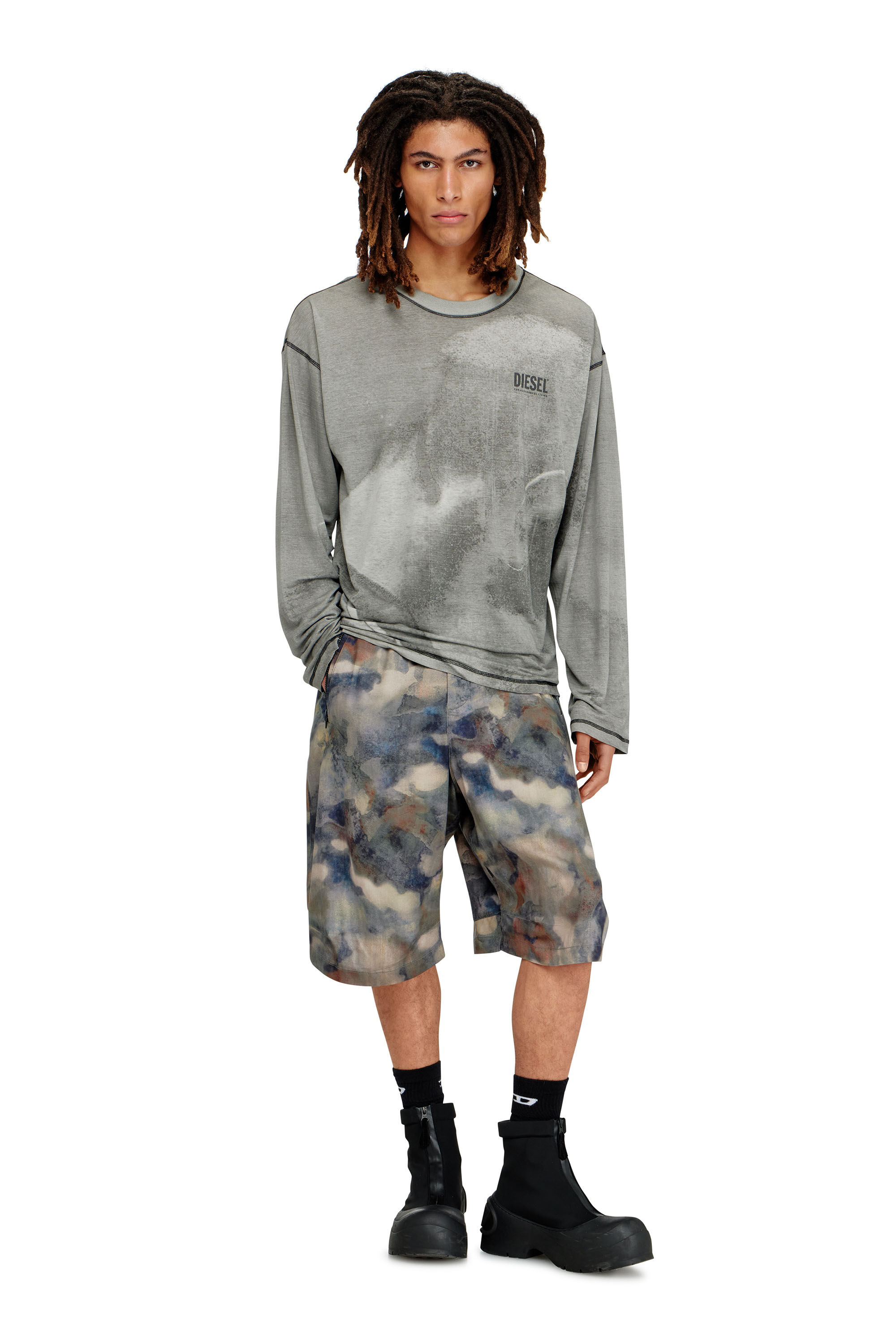 Men's Long-sleeve T-shirt with trompe l'oeil print | Grey | Diesel