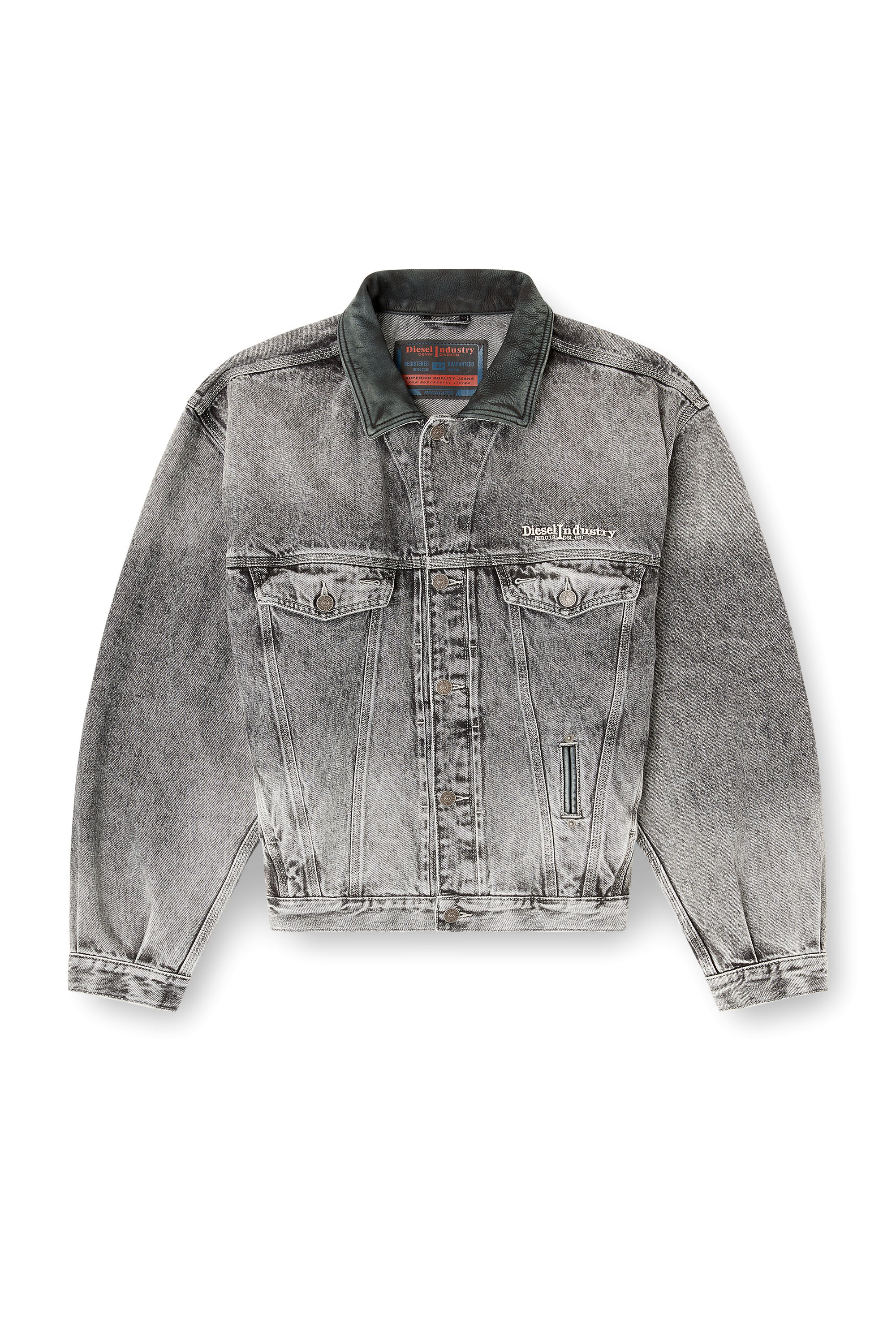 Diesel - D-DENVER-S, Unisex's Denim trucker jacket with tonal leather trims in Grey - 4