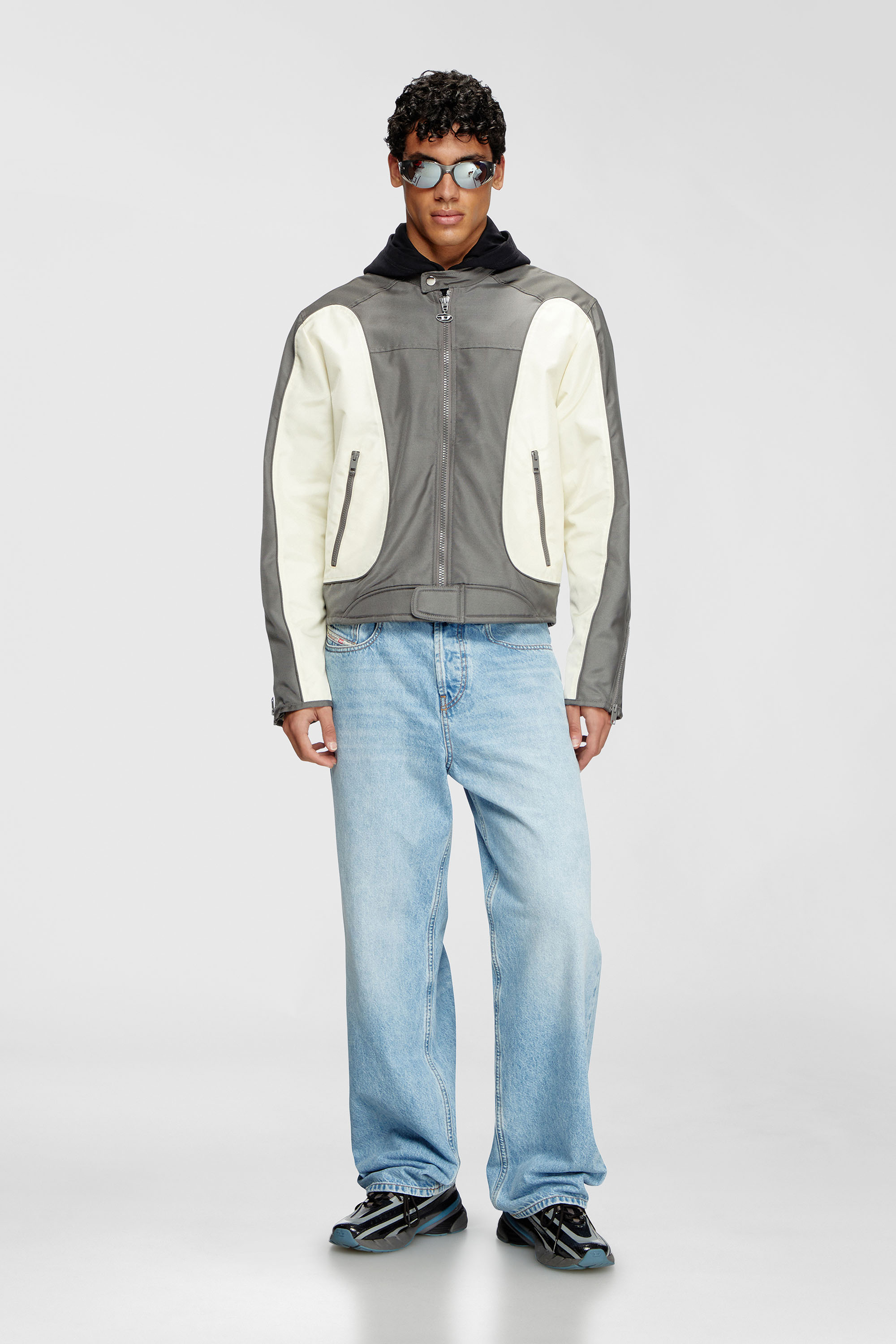 Diesel - J-BLINK-A, Male's Colour-block biker jacket with piping in Grey/White - 1