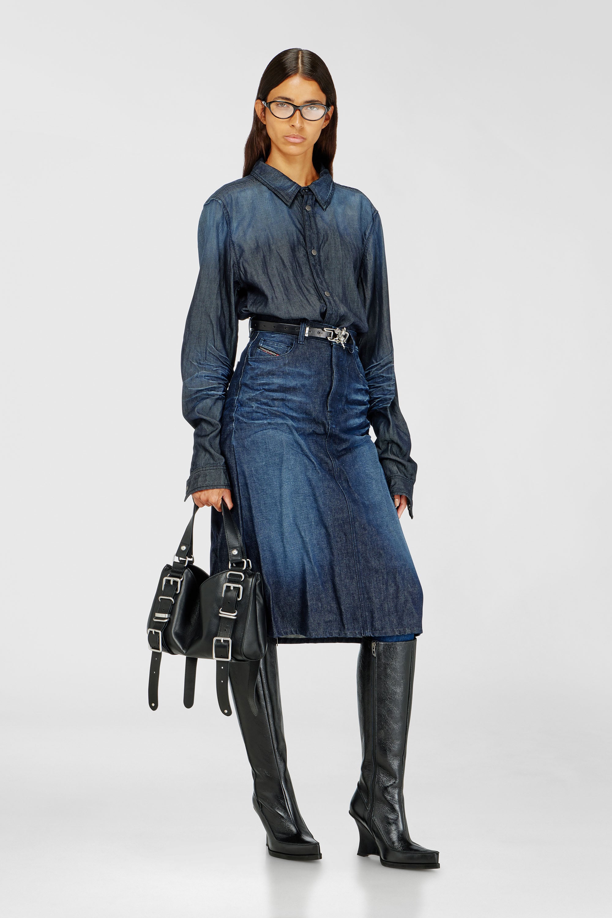 Diesel - DE-IRTI-FSJ, Female's Midi skirt in creased denim in Dark Blue - 1