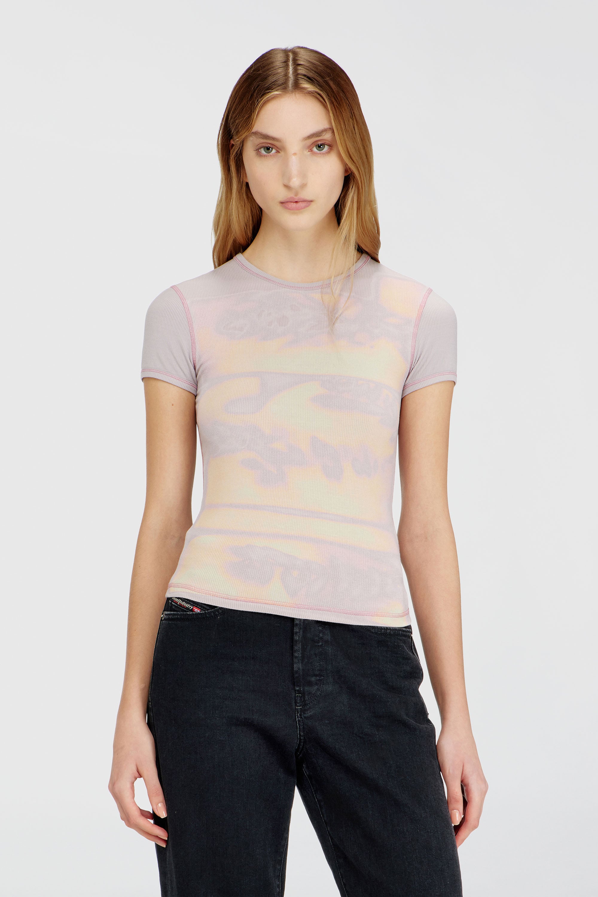 Diesel - T-ELE-LONG-AA1, Camiseta ajustada de punto con estampado gr&aacute;fico Mujer in Morado - 3