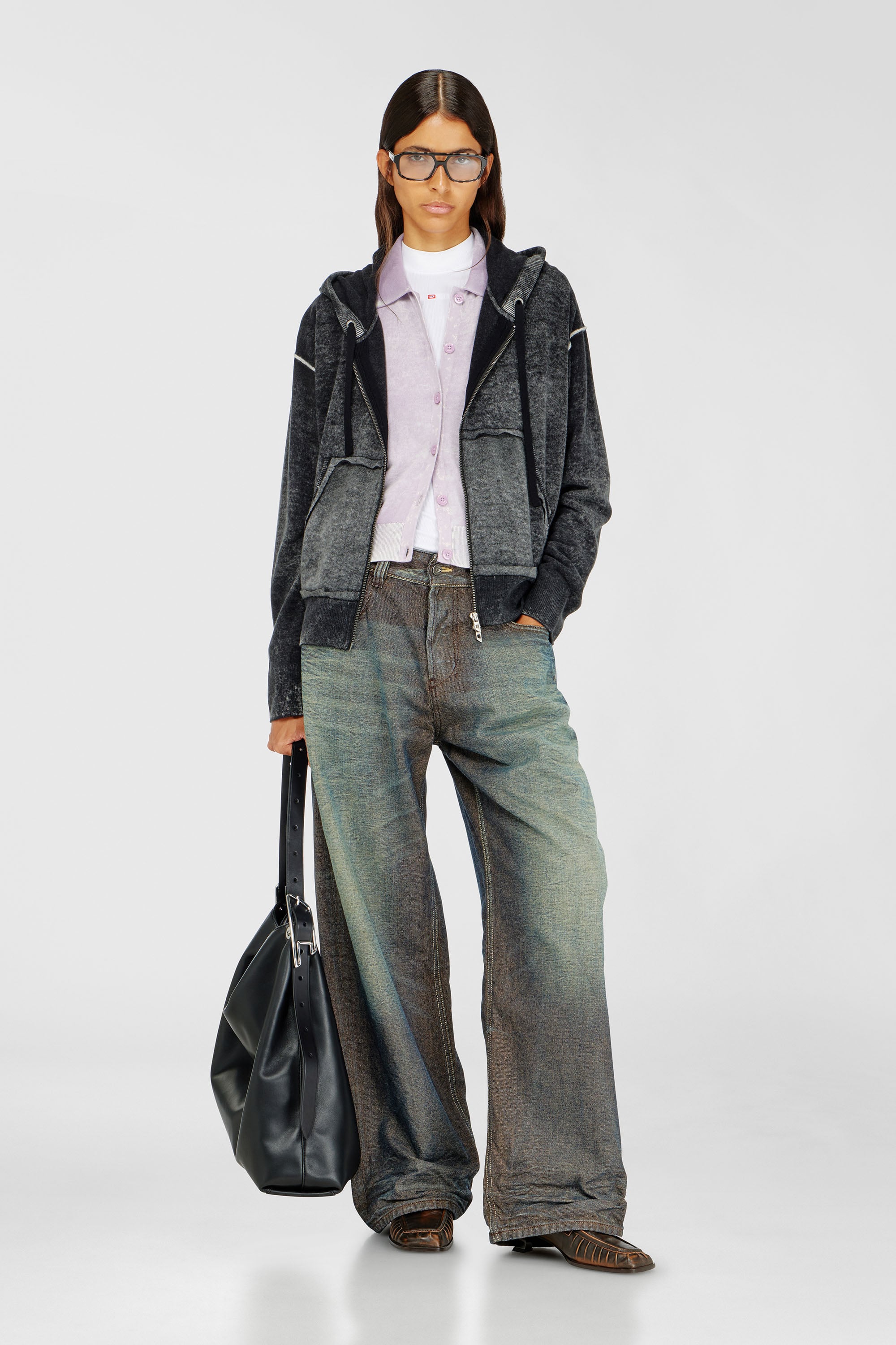 Diesel - M-HERMINE, Female's Reverse-print hooded cardigan in wool in Black/Grey - 2