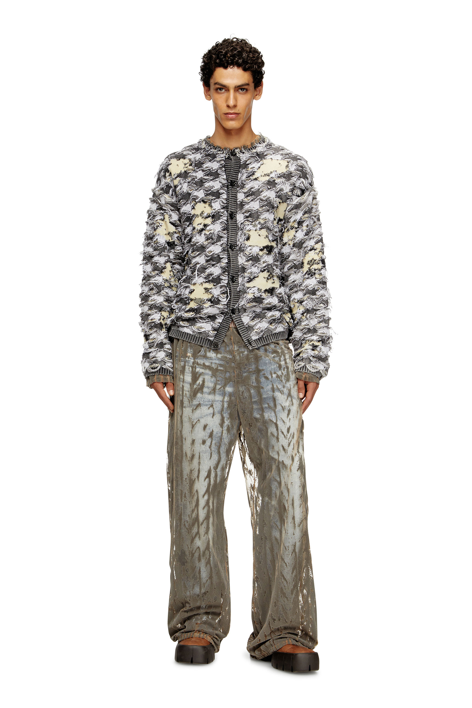 Diesel - K-VALBOR, Man's Cardigan in devor&eacute; houndstooth jacquard in Beige/Grey - 1