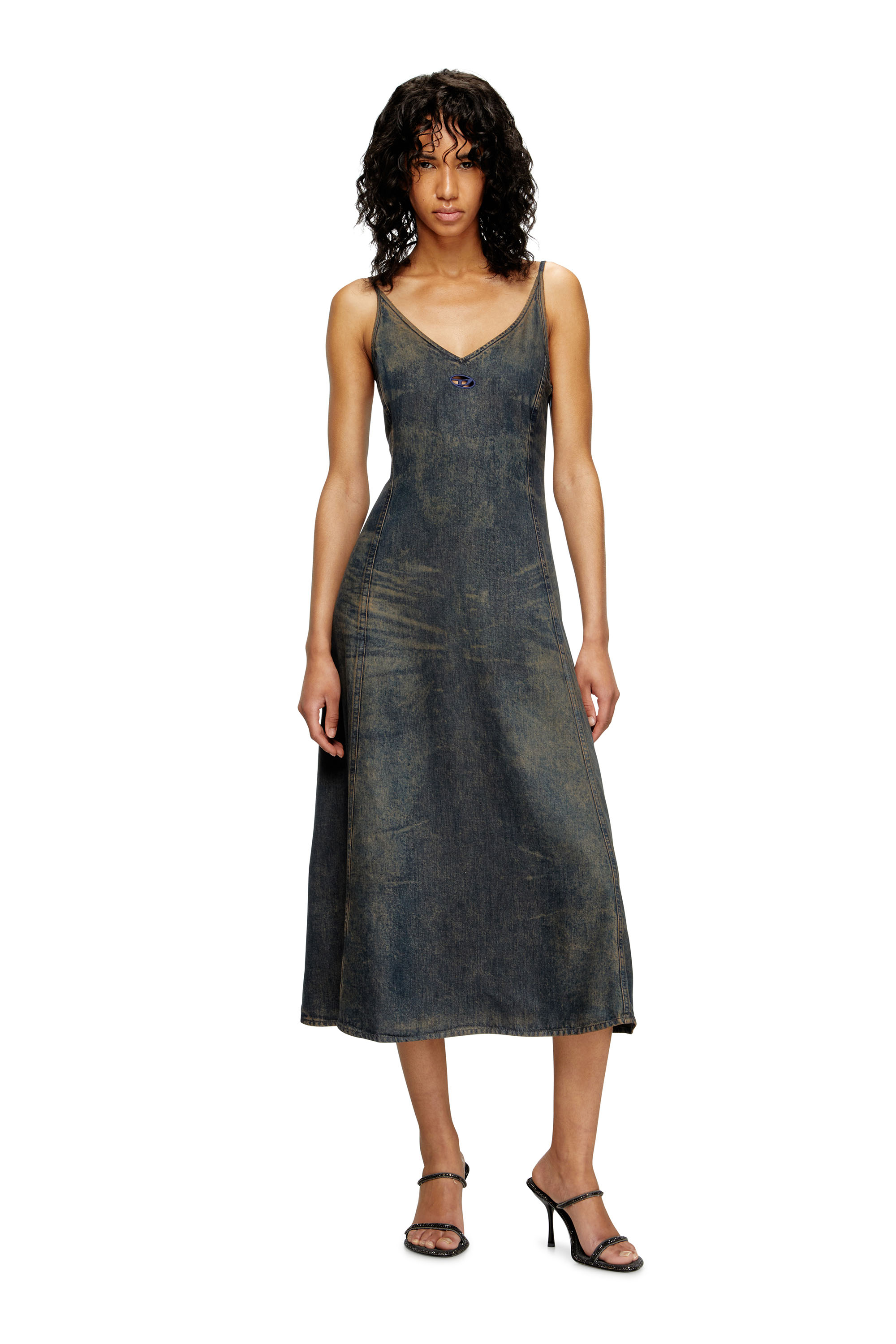 Diesel - DE-BELD-S, Woman's Midi dress in fluid dirt-effect denim in Dark Blue - 2