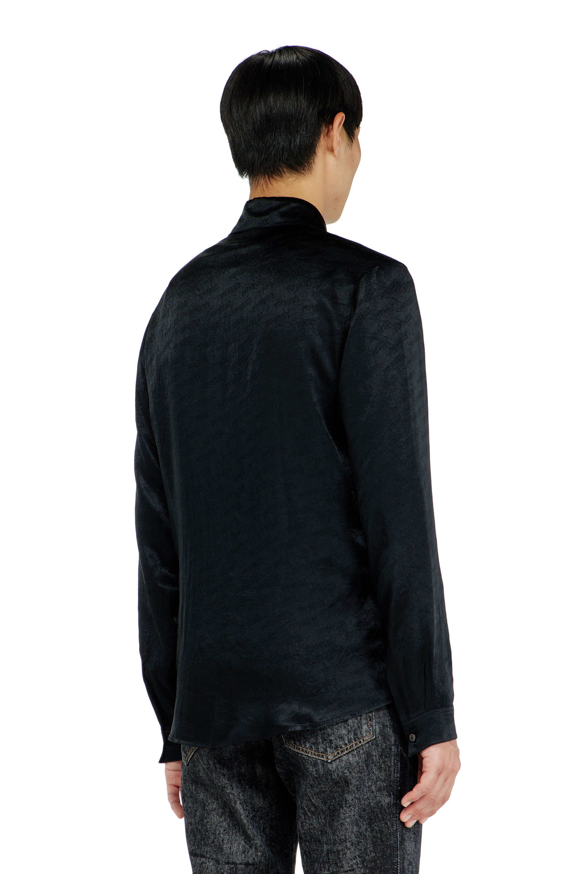 Diesel - S-KINNY-EFBZ, Man's Shirt in logo-jacquard crinkled satin in Black - 4