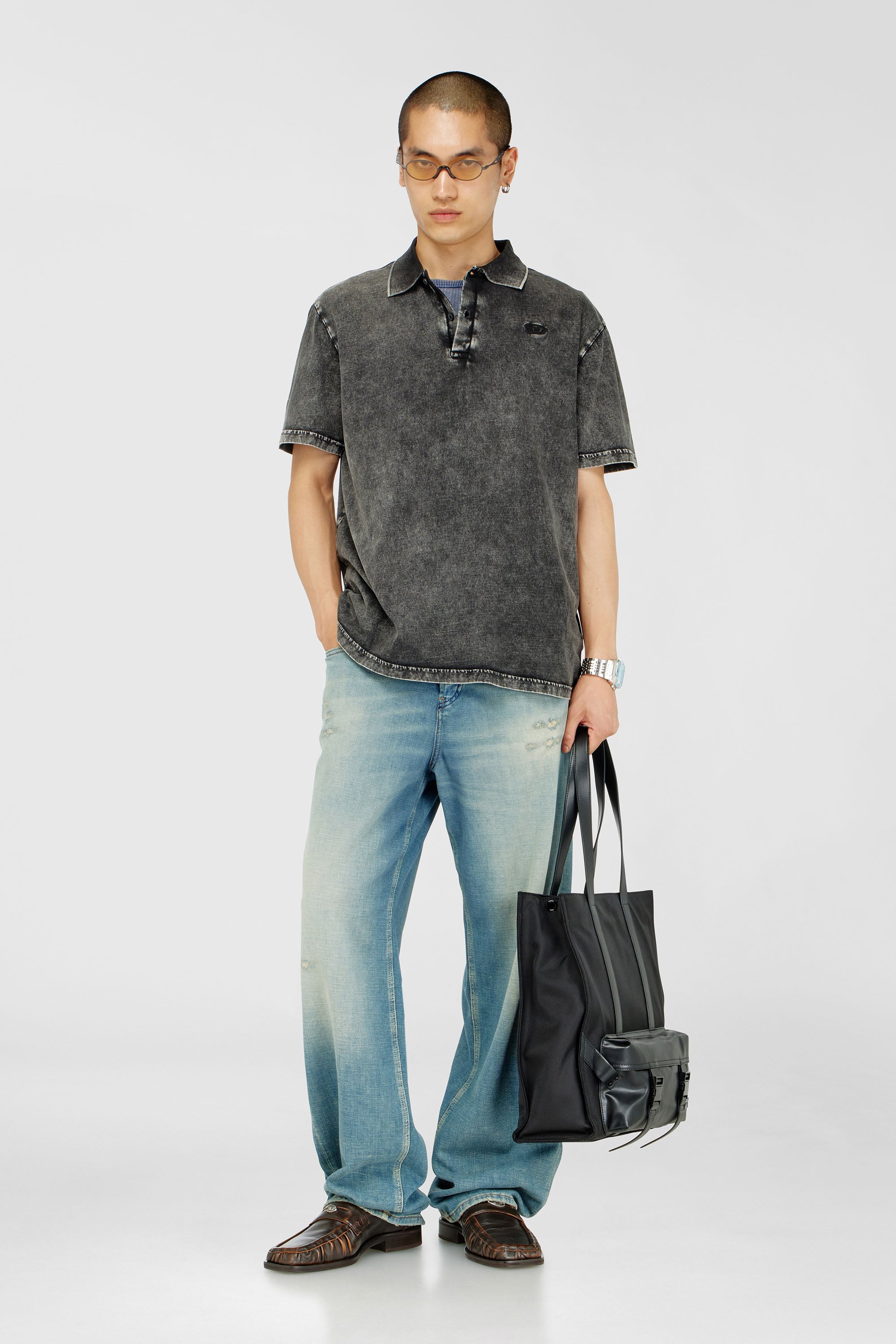 Diesel - T-REJUST-NC-DEN, Male's Polo shirt in denim-effect jersey in Dark Grey - 2