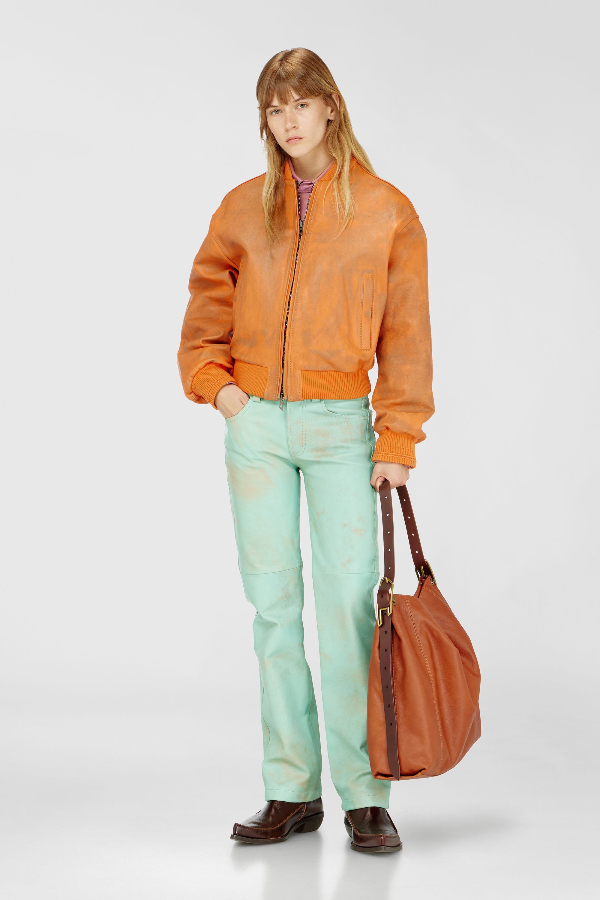 Diesel - L-POCKA, Female's Pants in treated leather in Water Green - 2