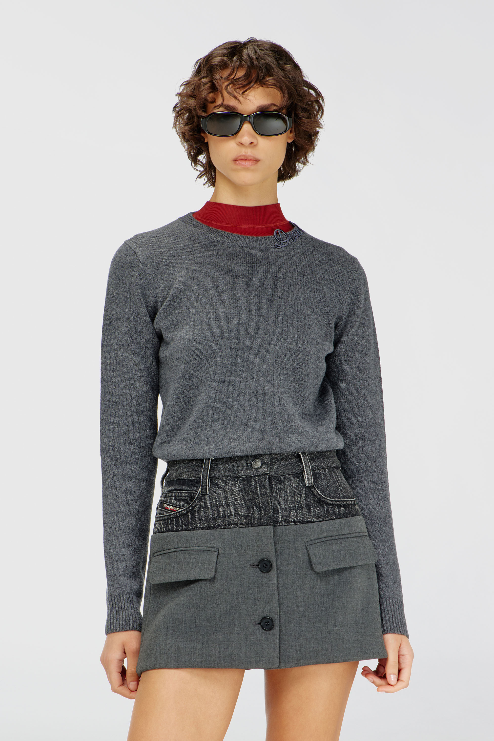Diesel - M-IMARA, Woman's Wool jumper with embroidered neck logo in Grey - 2