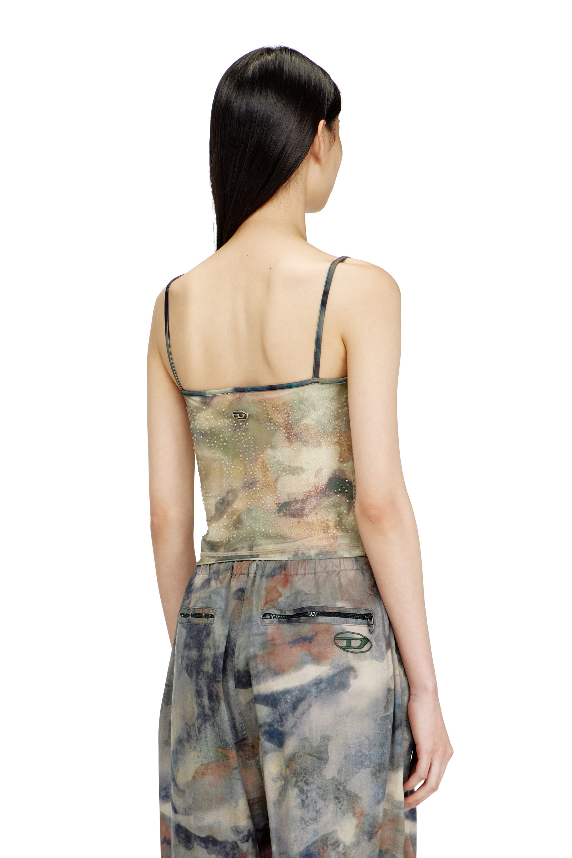 Diesel - T-IPLU, Woman's Nylon skinny top with all-over camou and crystal details in Green - 4