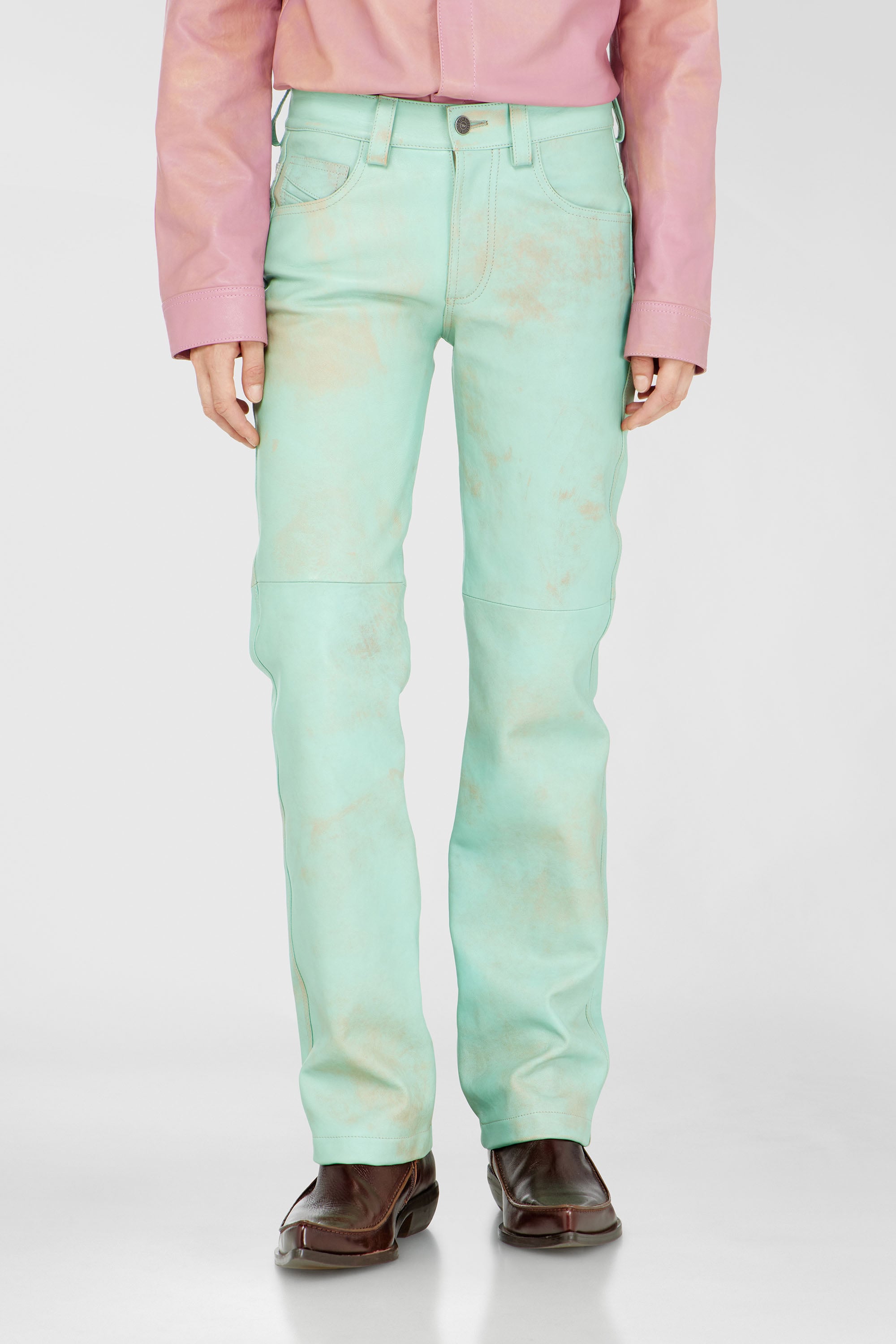 Diesel - L-POCKA, Female's Pants in treated leather in Water Green - 1