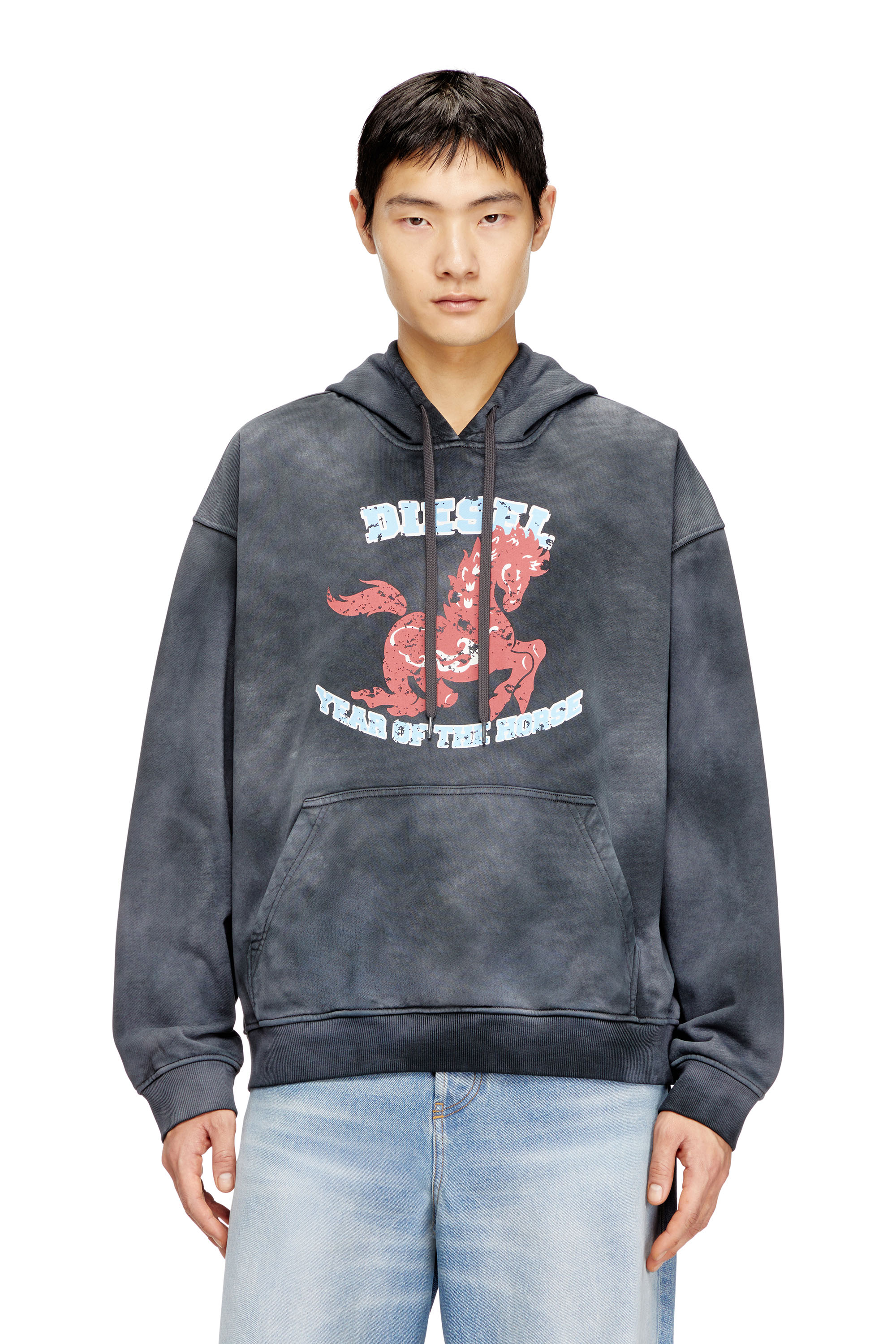 Diesel - CL-S-BOXT-HOOD-HORSE, Sudadera con capucha tie-dye con estampado gr&aacute;fico de caballo Hombre in Gris - 3