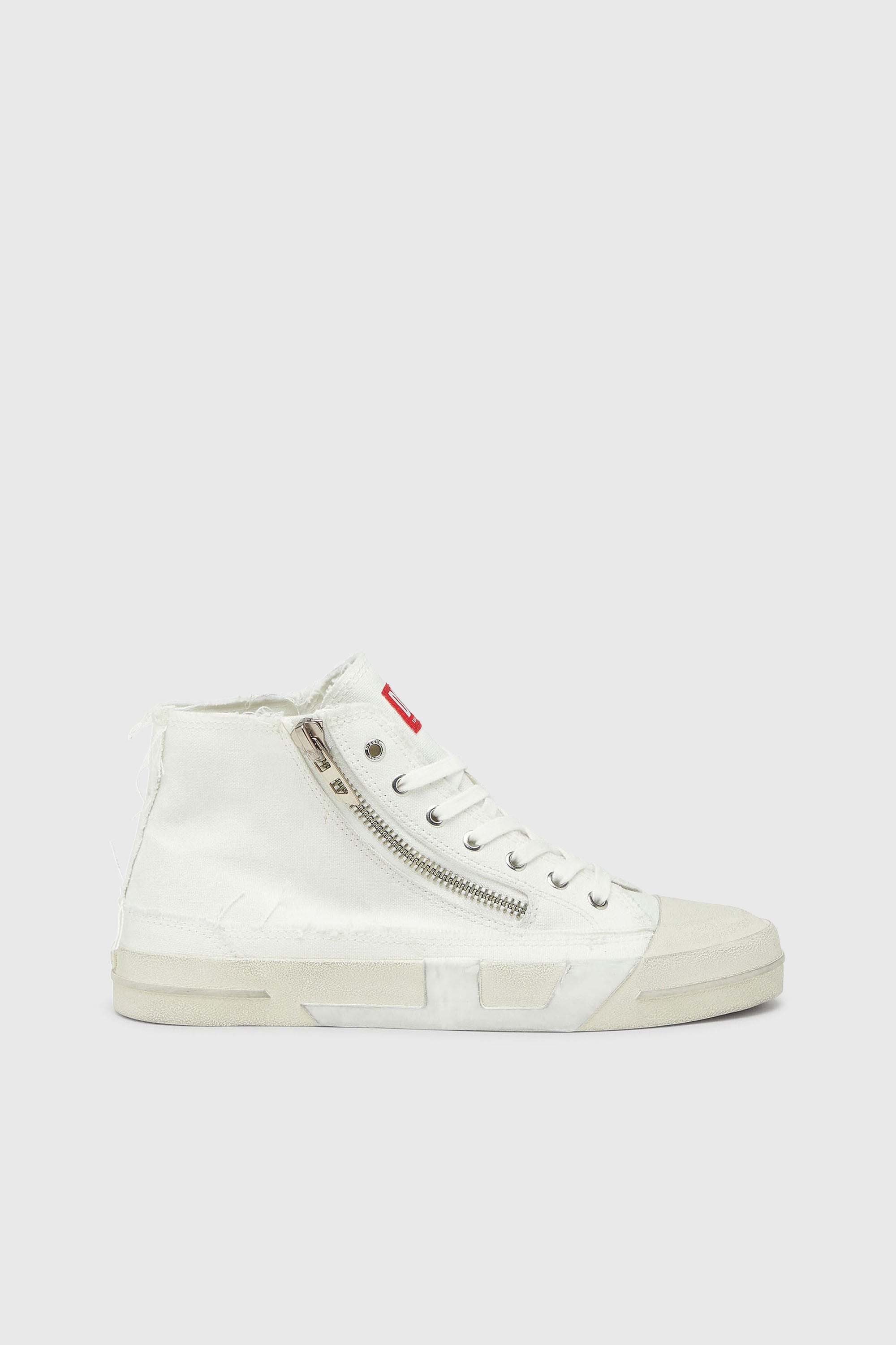 Diesel - S-D-VERSE ZIP MID II, S-D-Verse - Baskets en toile effiloch&eacute;e avec logo D Homme in Blanc - 1