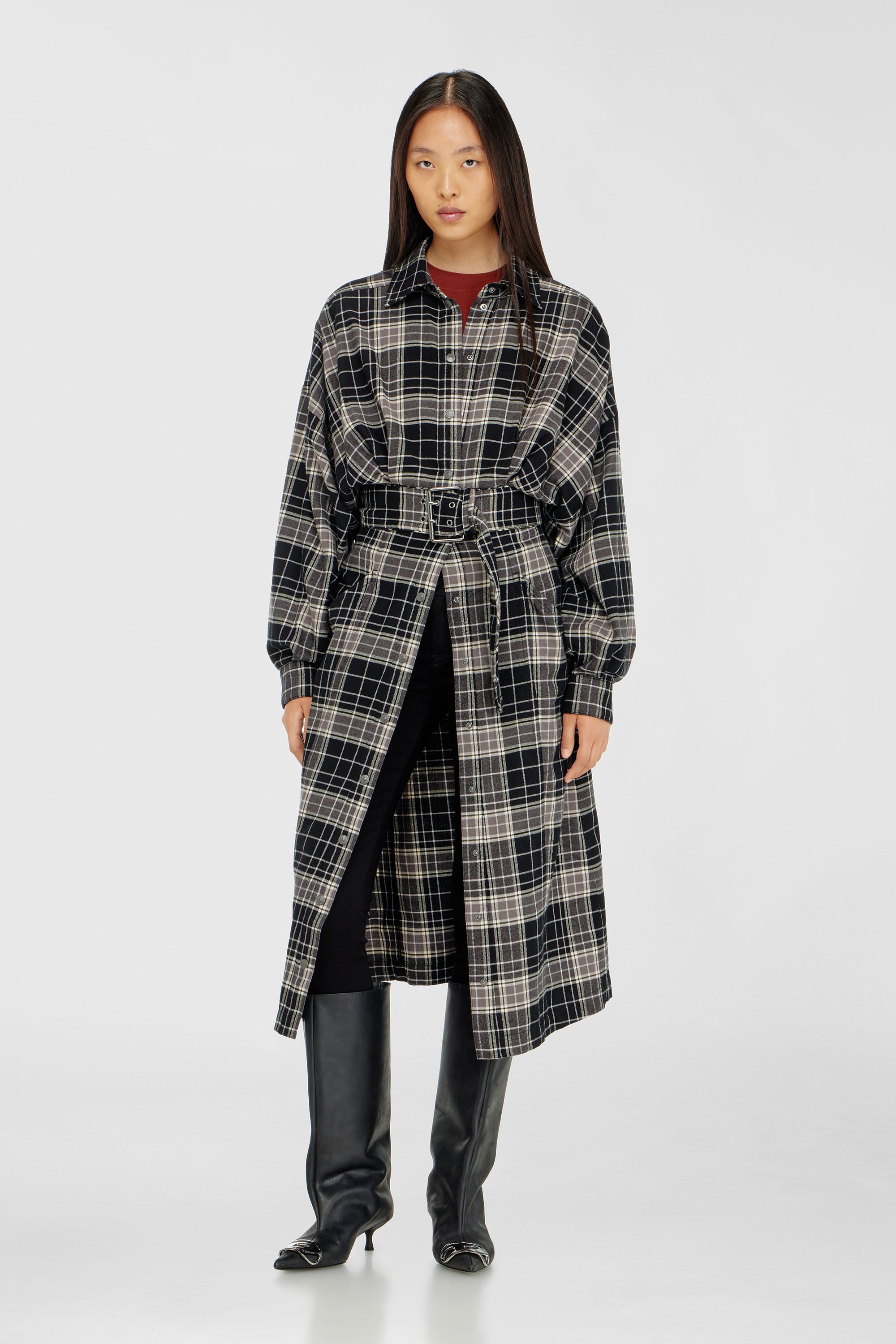 Diesel - D-EDALUS, Female's Midi dress in check flannel with wide belt in Grey/Black - 1