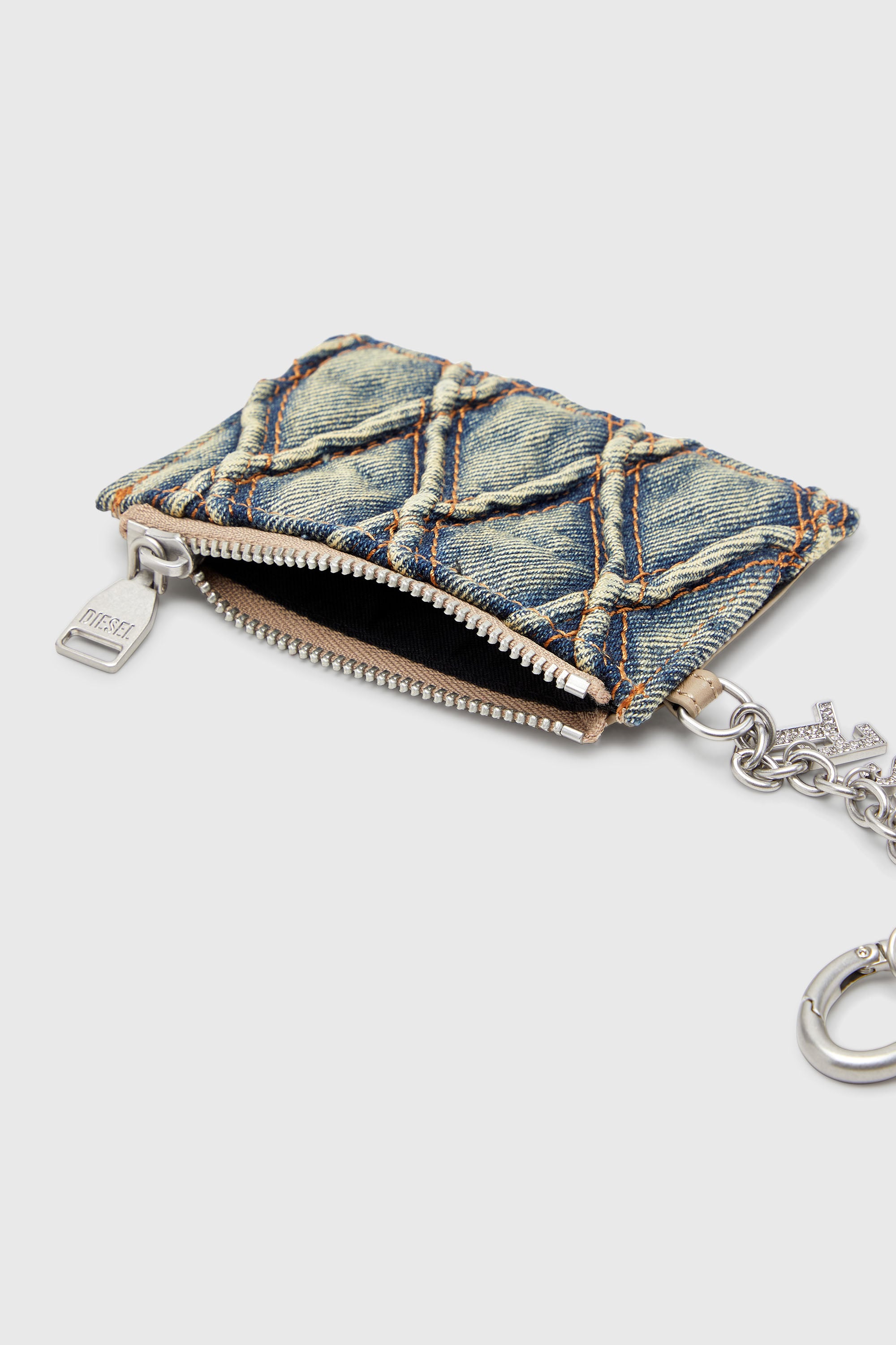 Diesel - CARD HOLDER WITH CHAIN, Tarjetero de denim acolchado con motivo argyle Mujer in Azul marino - 3
