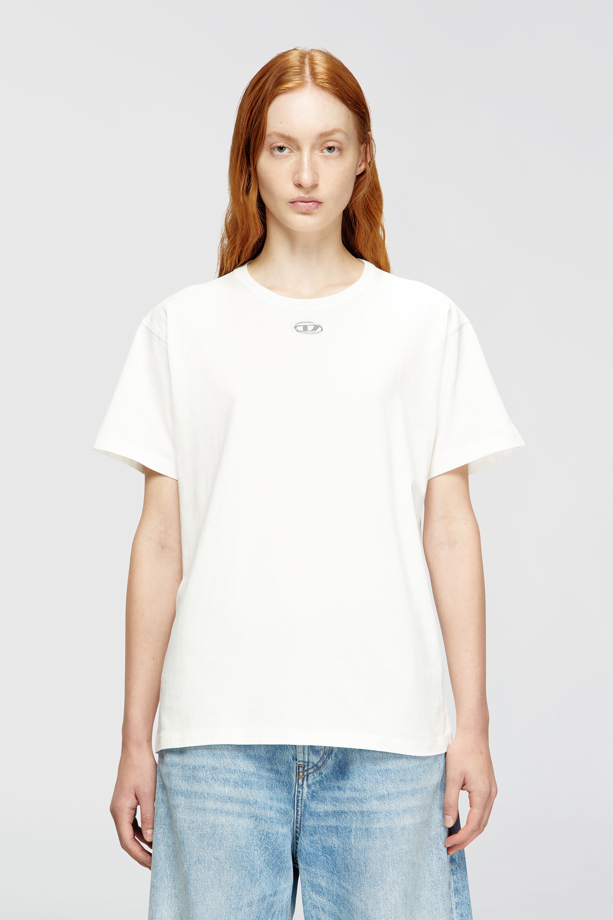 Diesel - T-NORMY-OD-S1, Woman's Cotton T-shirt with metallic Oval D in White - 1
