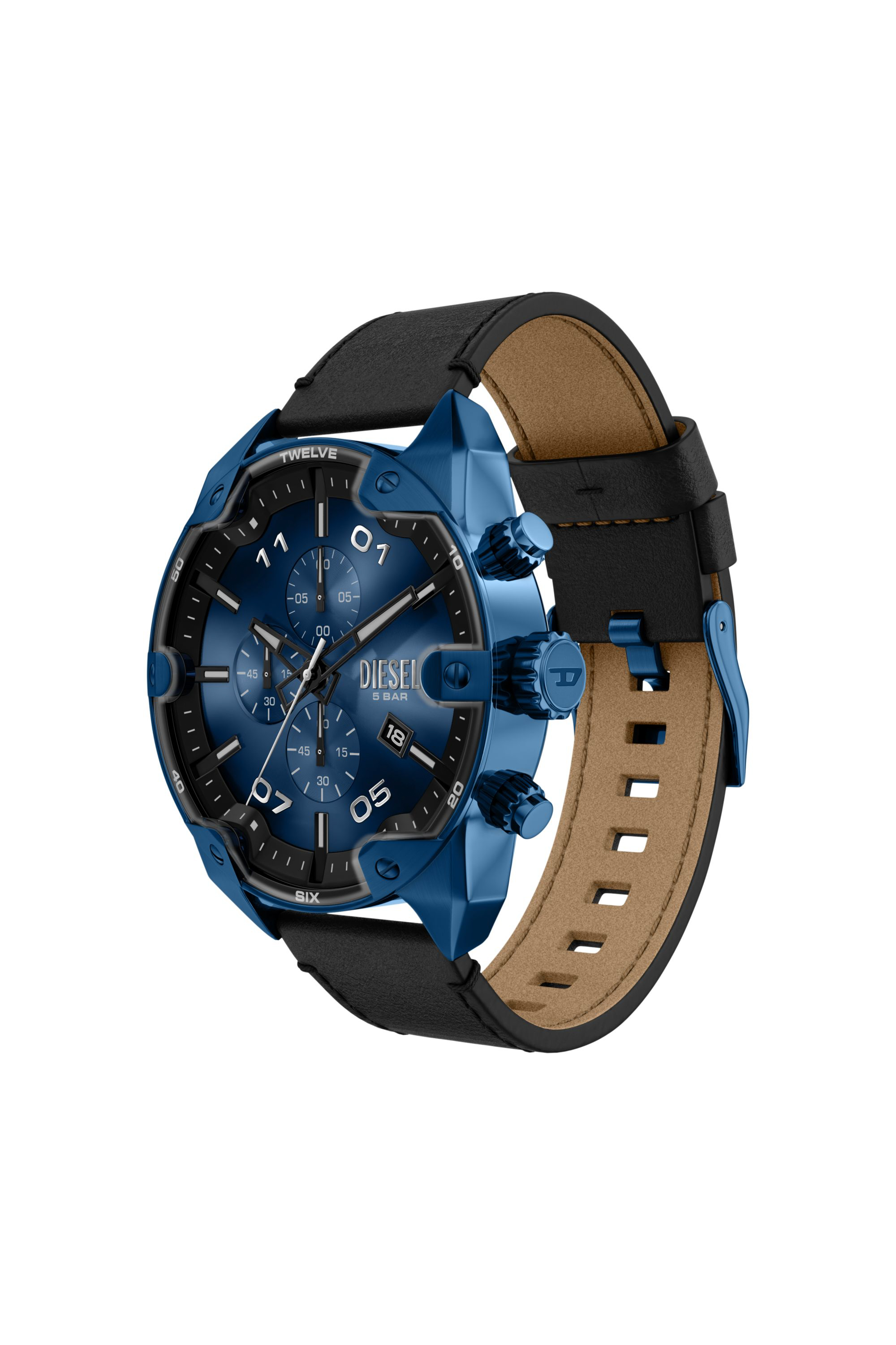 Diesel - DZ4703 WATCH, Man's Spiked Chronograph Black Leather Watch in Black/Blue - 2