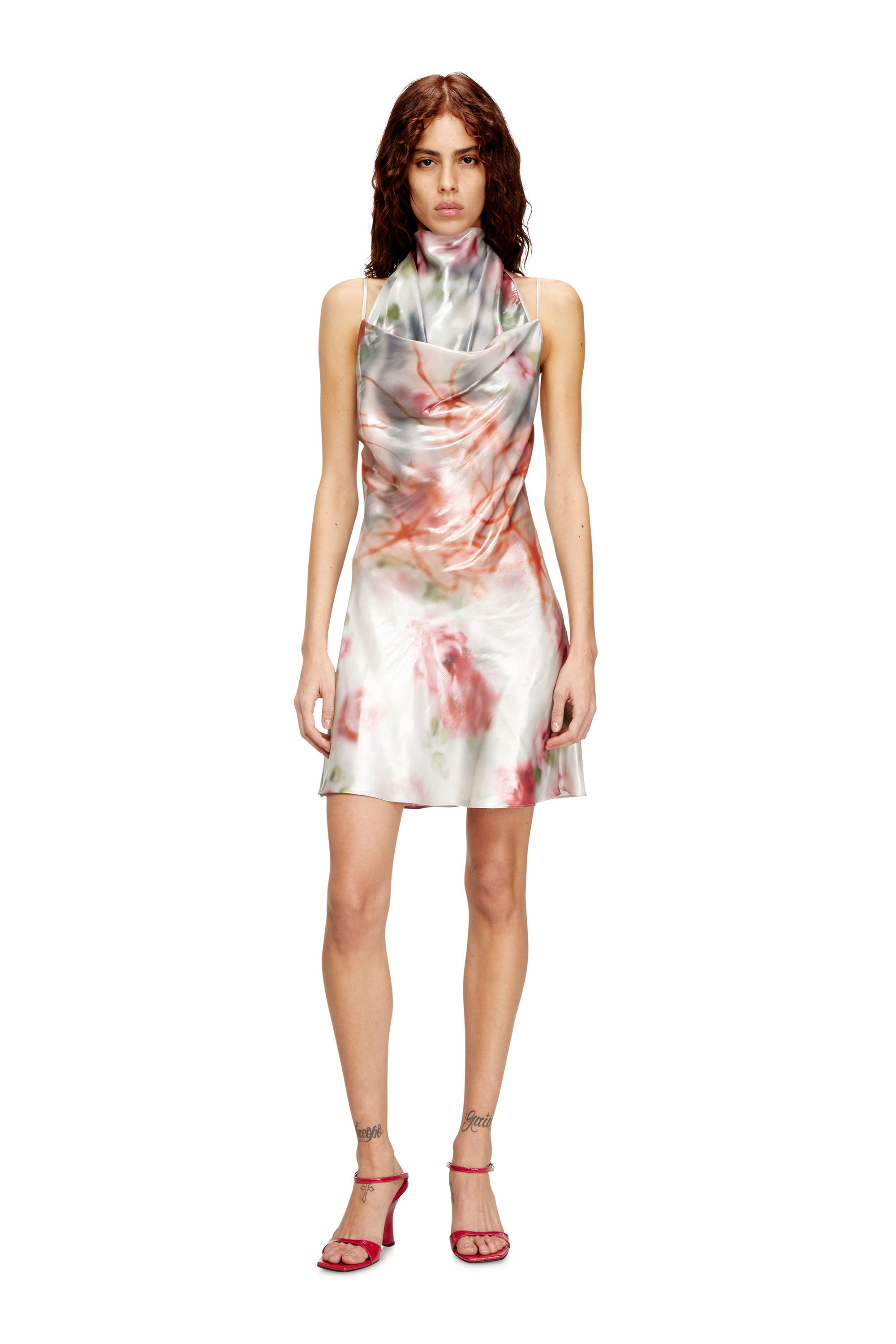 Diesel - D-EBRA-SHORT, Vestido corto metálico con estampado de rosas difuminadas Mujer in Multicolor - 2