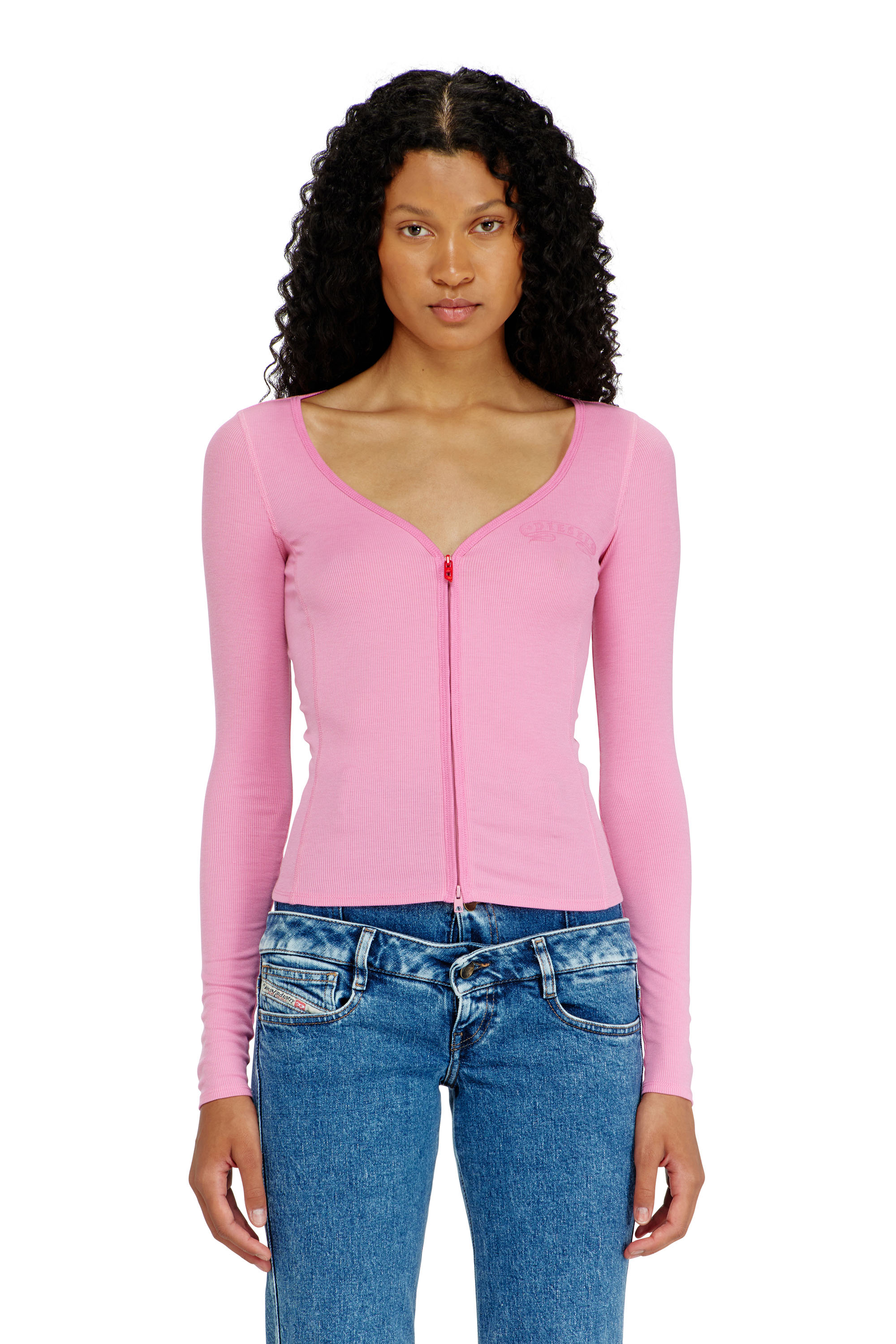 Diesel - T-RIBI-LS-AA1, Top slim de lyocell con cuello en V y zip Mujer in Rosa - 1