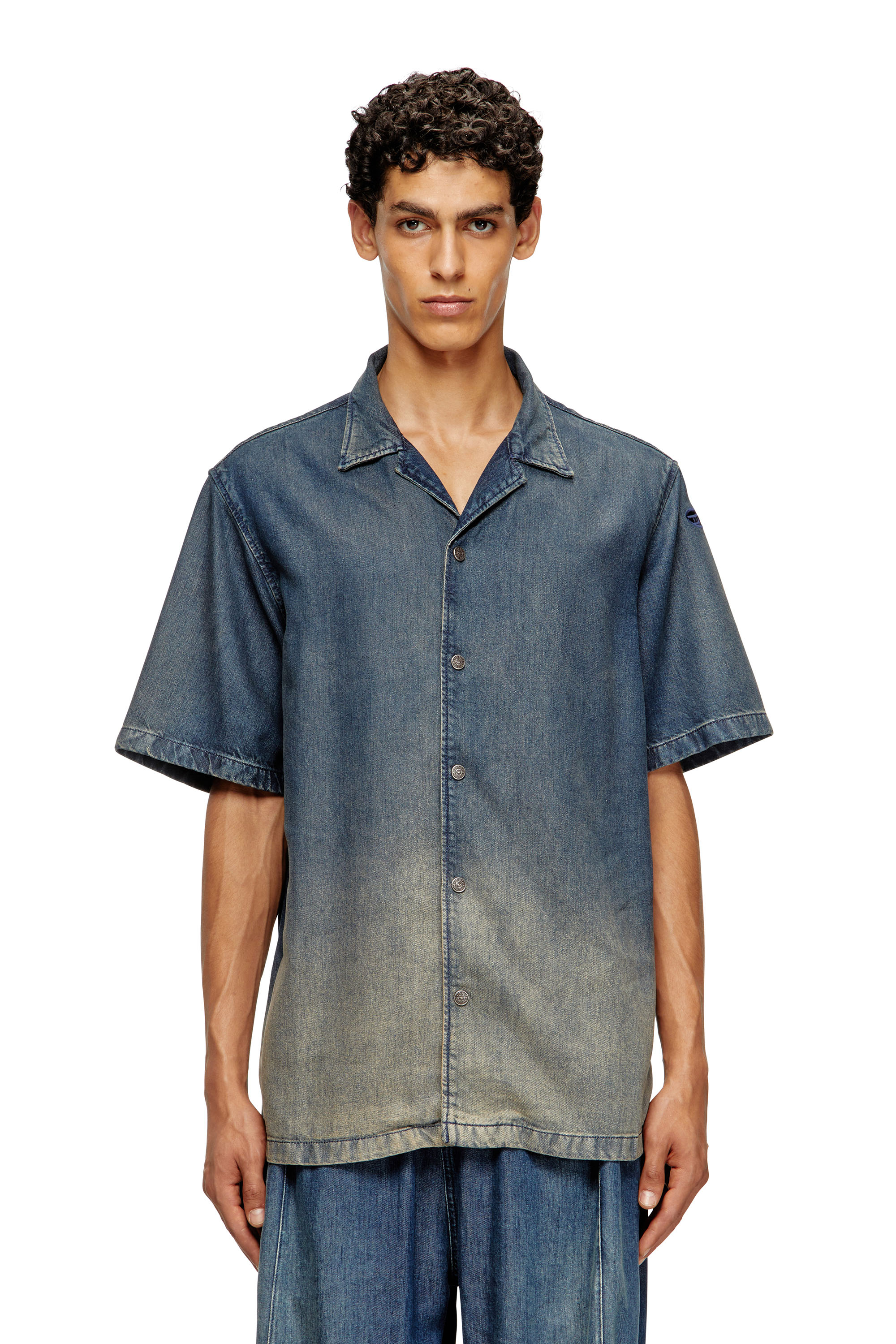 Diesel - D-NABIL-S3, Male's Bowling shirt in gradient fluid denim in Dark Blue - 1