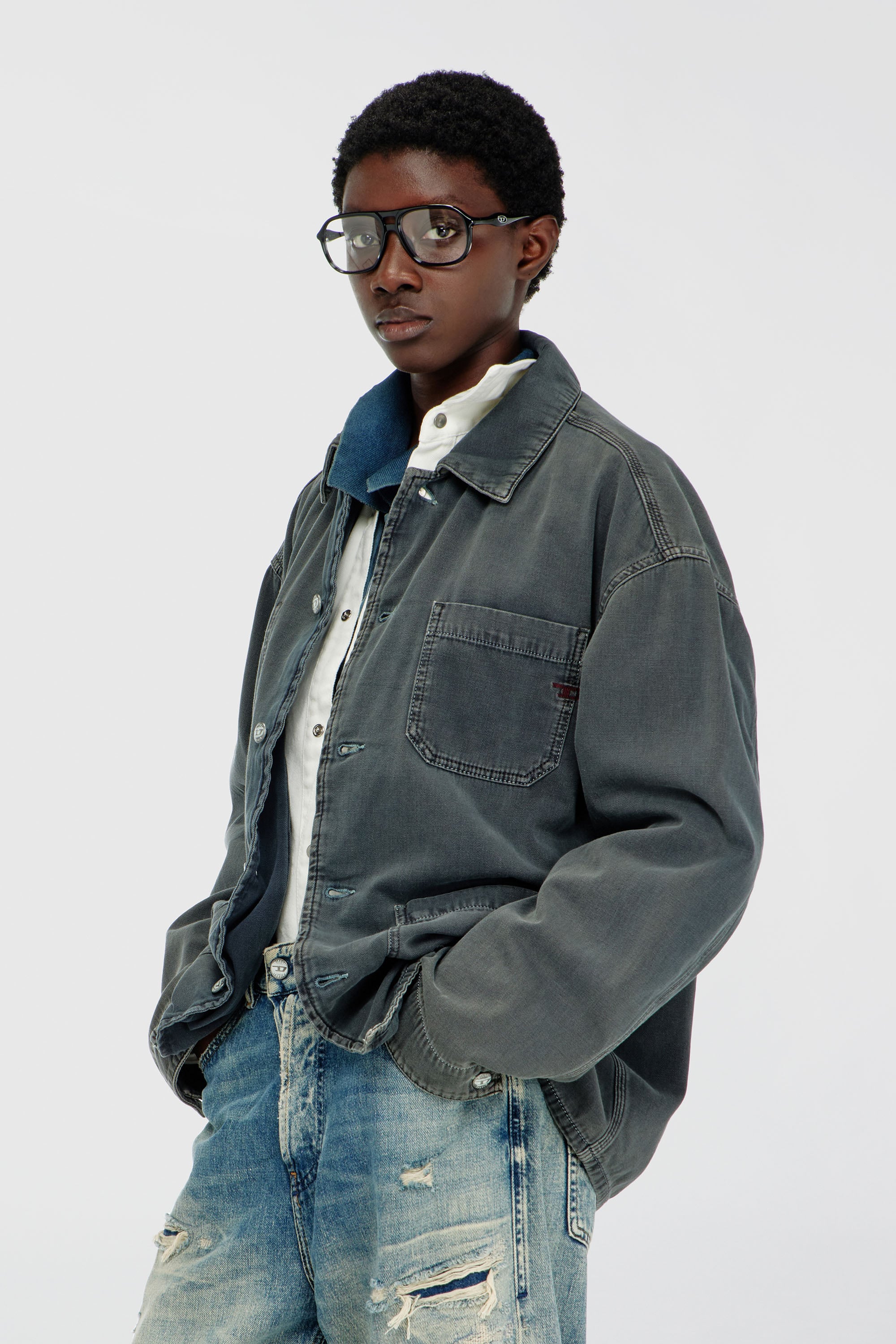 Diesel - D-STACK-U, Chaqueta estilo utility de denim te&ntilde;ido Unisex in Gris - 1