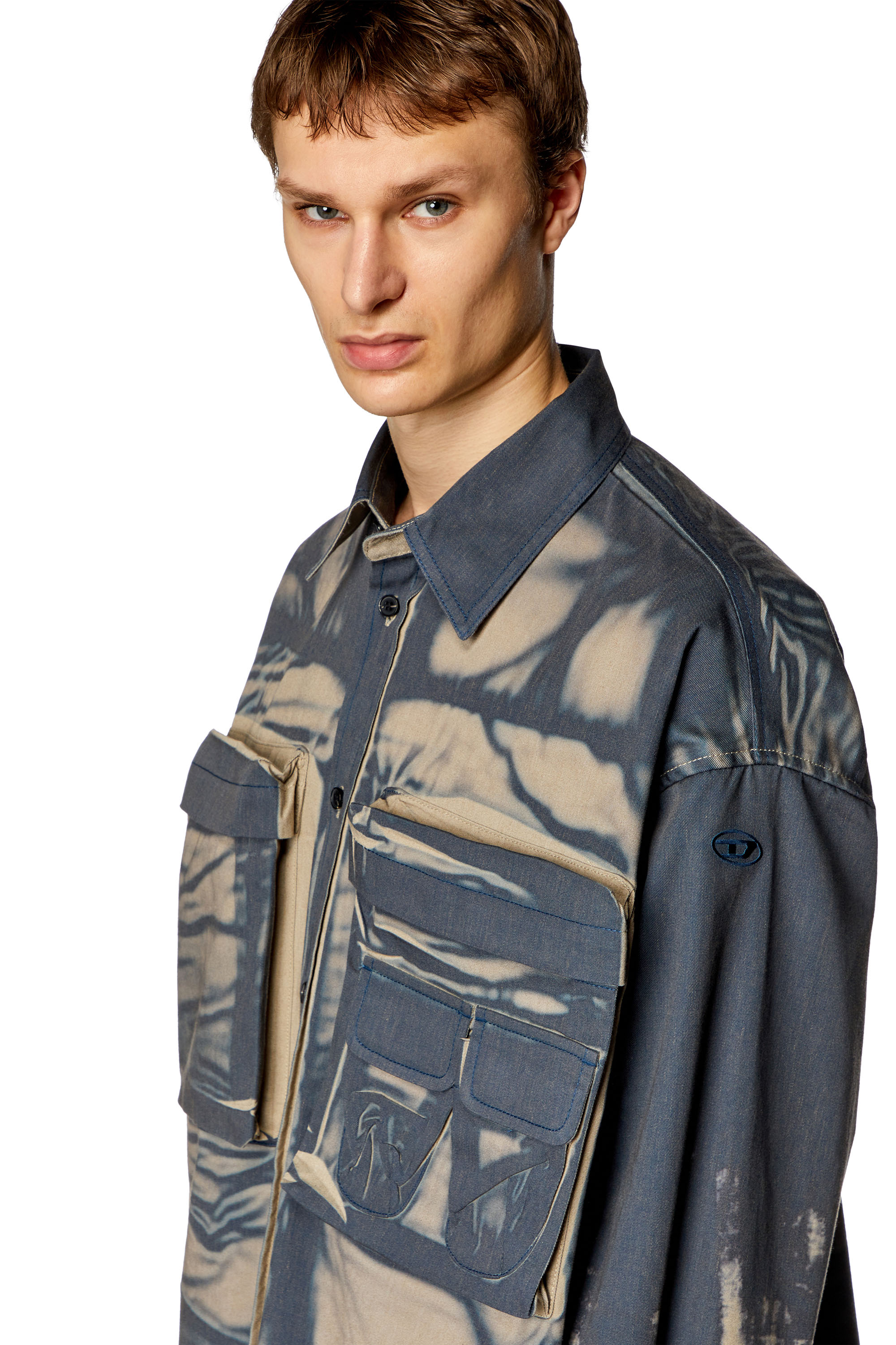 Diesel - S-CADD, Man's Cargo shirt with creased print in Blue/Beige - 4
