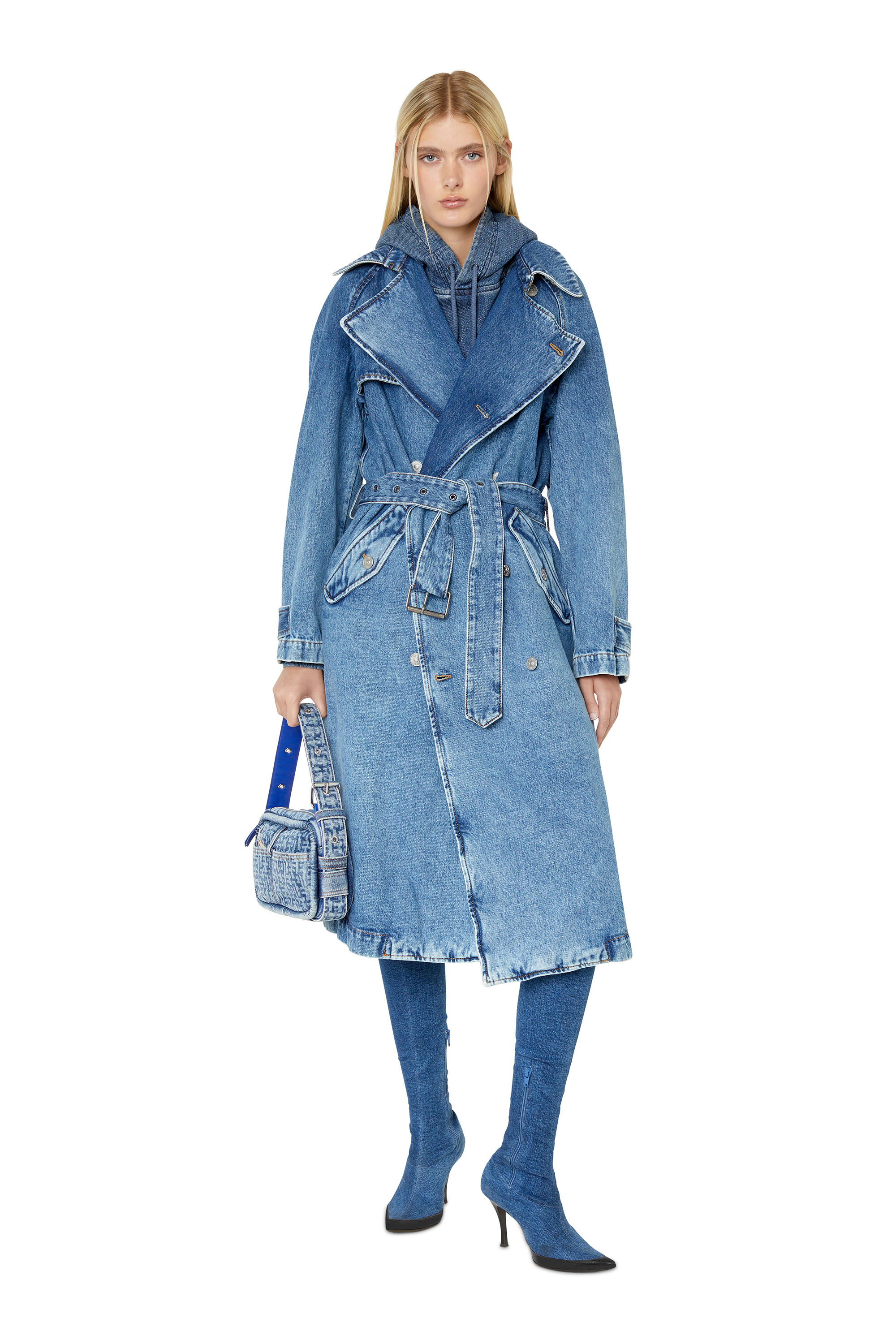 Diesel - D-DELIRIOUS DOUBLE BREASTED TRENCH COAT, Unisex's Trench coat in denim in Medium Blue - 6