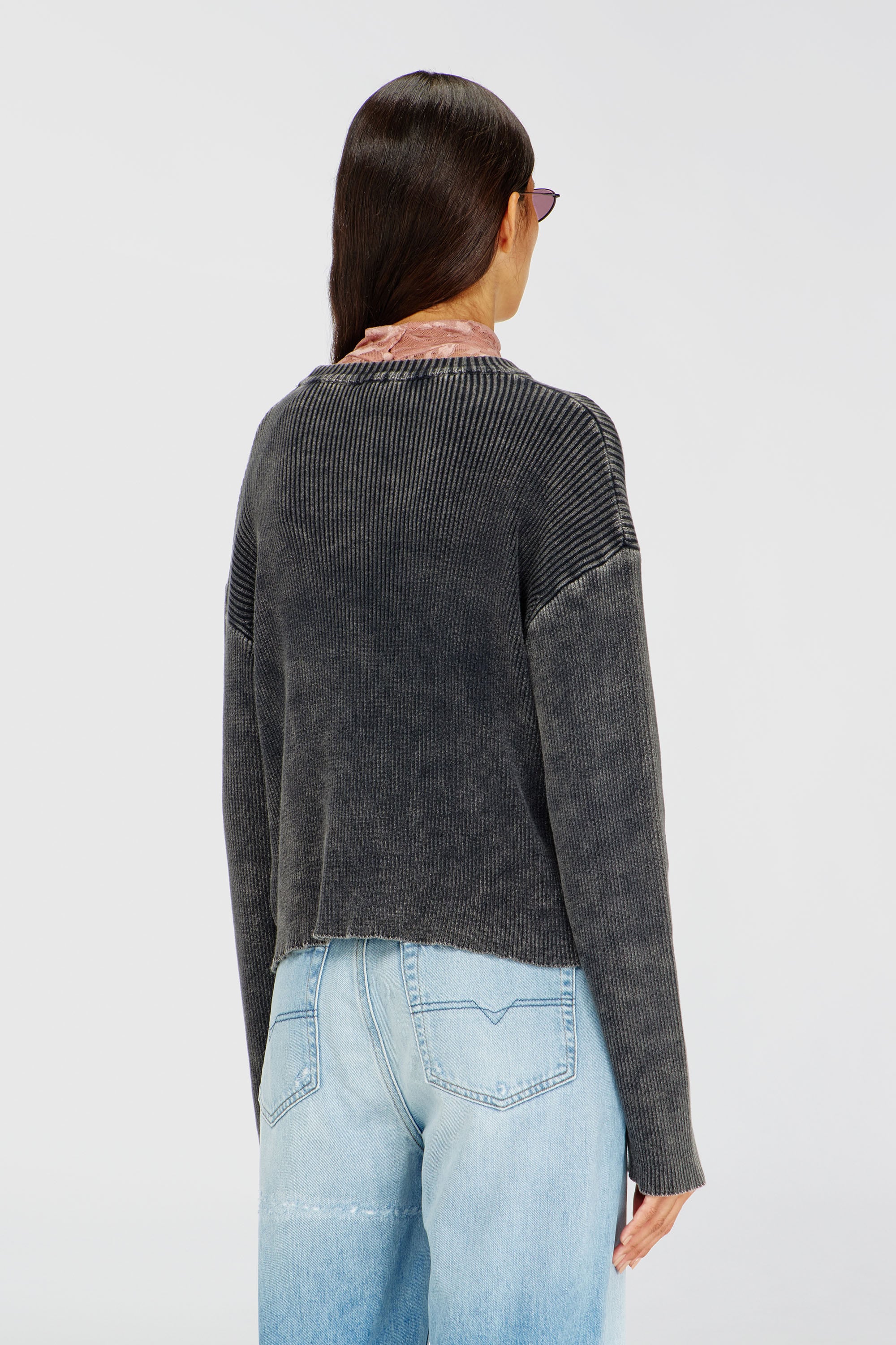 Diesel - M-ANCHOREX, Woman's Cut-out ribbed jumper with Oval D plaque in Dark grey - 4