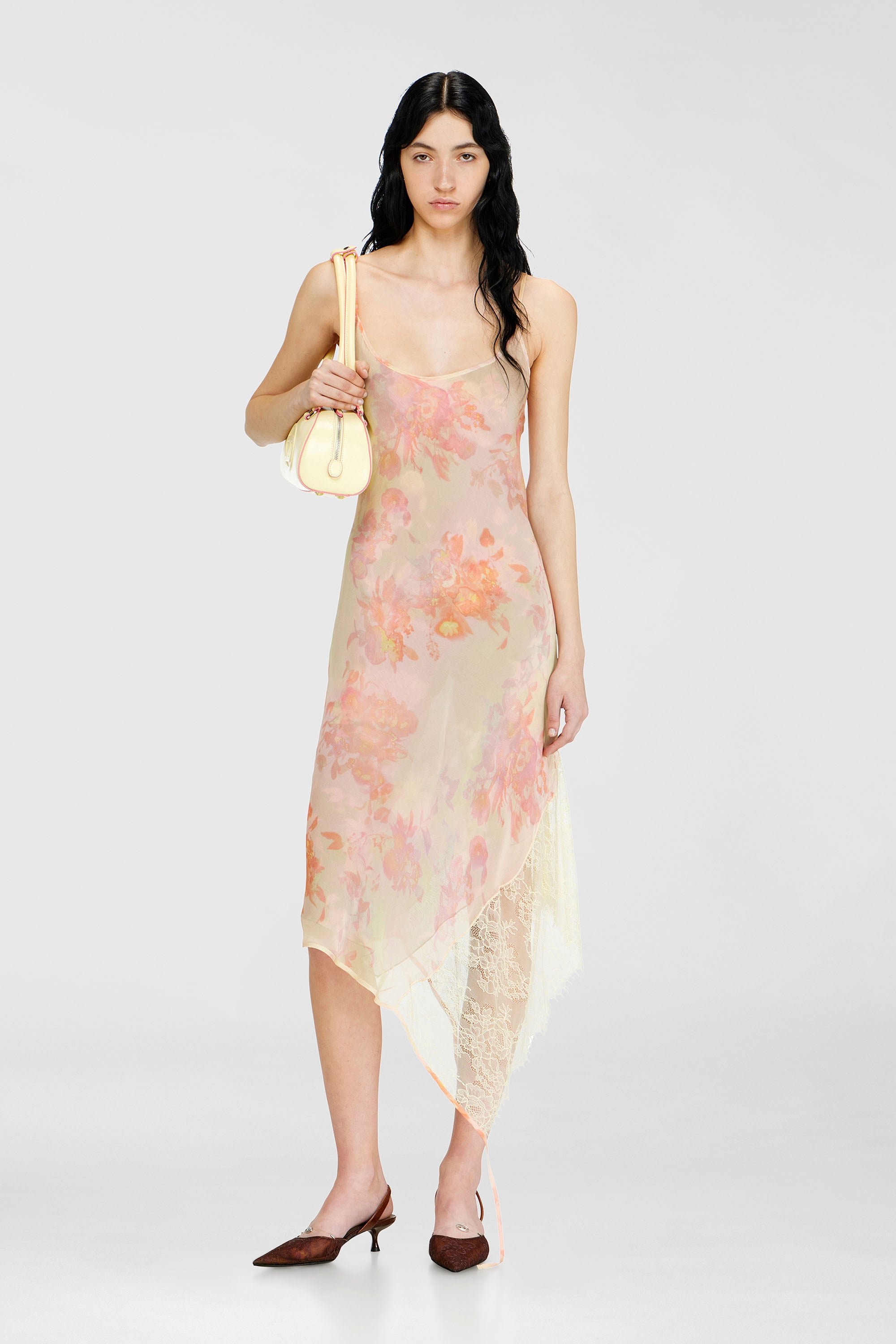 Diesel - D-ANCEL, Robe nuisette &agrave; demi-longueur avec imprim&eacute; fleuri et bordure en dentelle Femme in Polychrome - 1