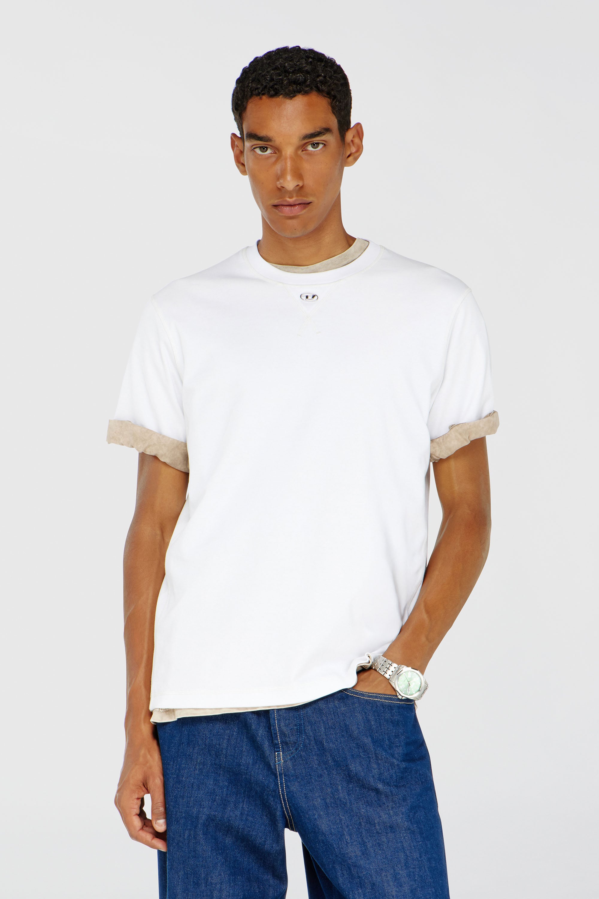 Diesel - T-MADJUST-TR, Male's Regular T-shirt with crew neck and Oval D in White - 3
