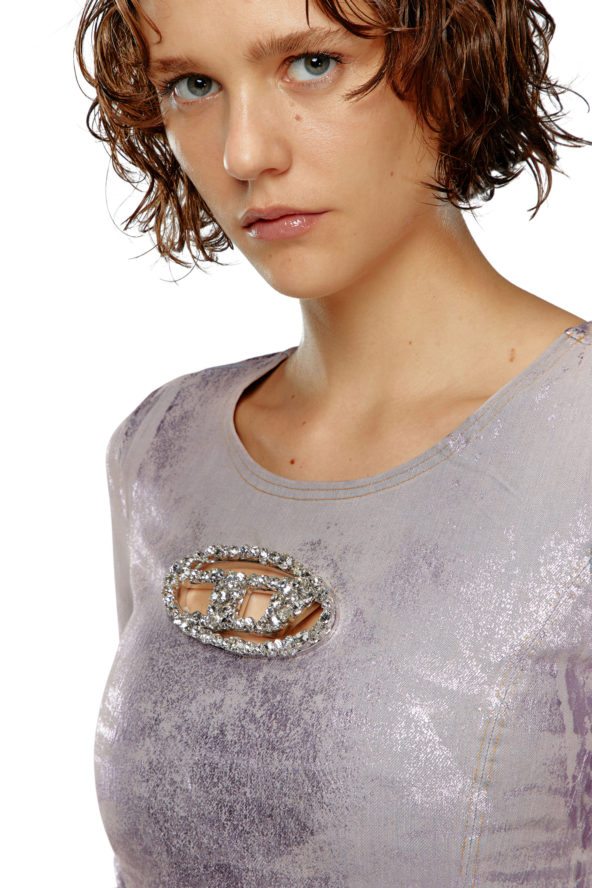Diesel - DE-TOP1-FSE, Top à manches longues avec plaque en cristal Femme in Rose - 4