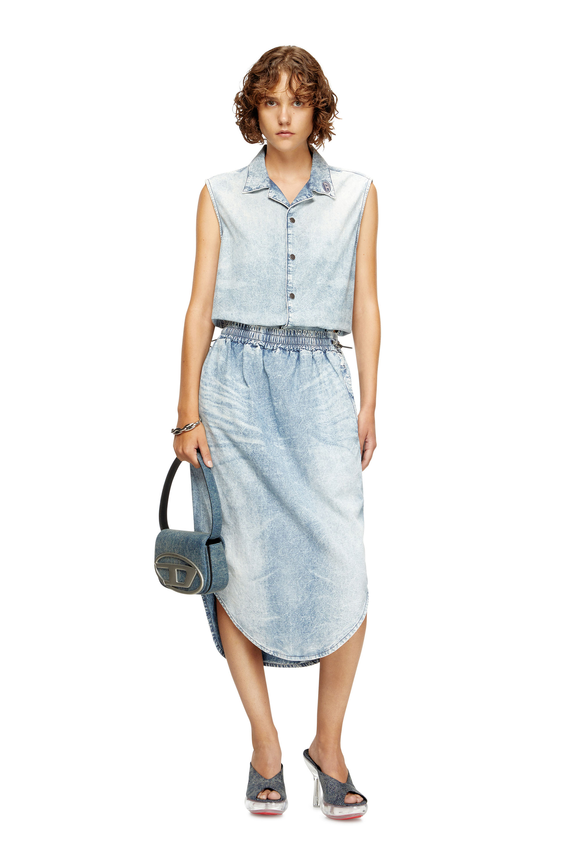 Diesel - DE-ASHLEY-S, Woman's Midi skirt in marbled denim in Light Blue - 1